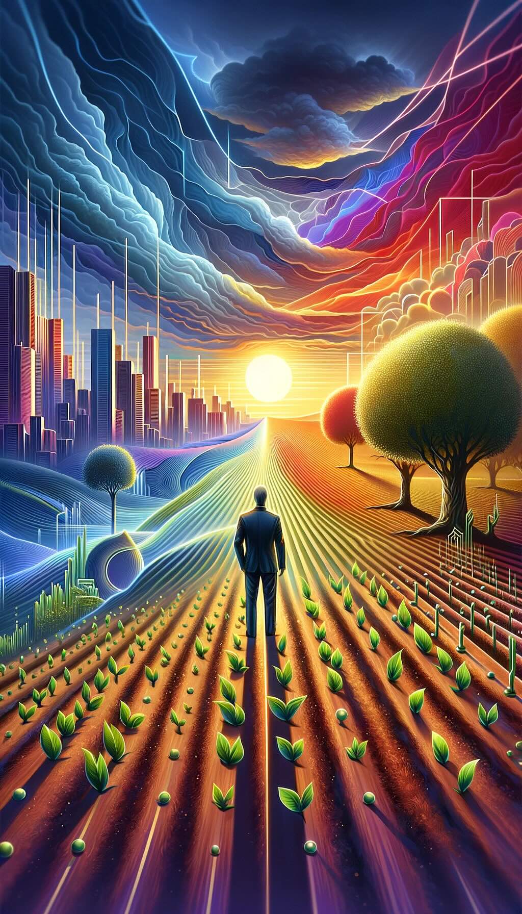 Patience in value investing, depicting an investor amid a landscape that evolves from barren to lush, symbolizing the growth journey of value investments. Holding a clock with slowly moving hands, the investor embodies the patience and long-term perspective essential to value investing. Seedlings around the investor gradually mature into robust trees, representing the potential for substantial returns over time. The changing skyline from dawn to dusk in the background further emphasizes the long-term horizon necessary for value investing success, encouraging viewers to focus on underlying value and long-term potential rather than short-term market movements.