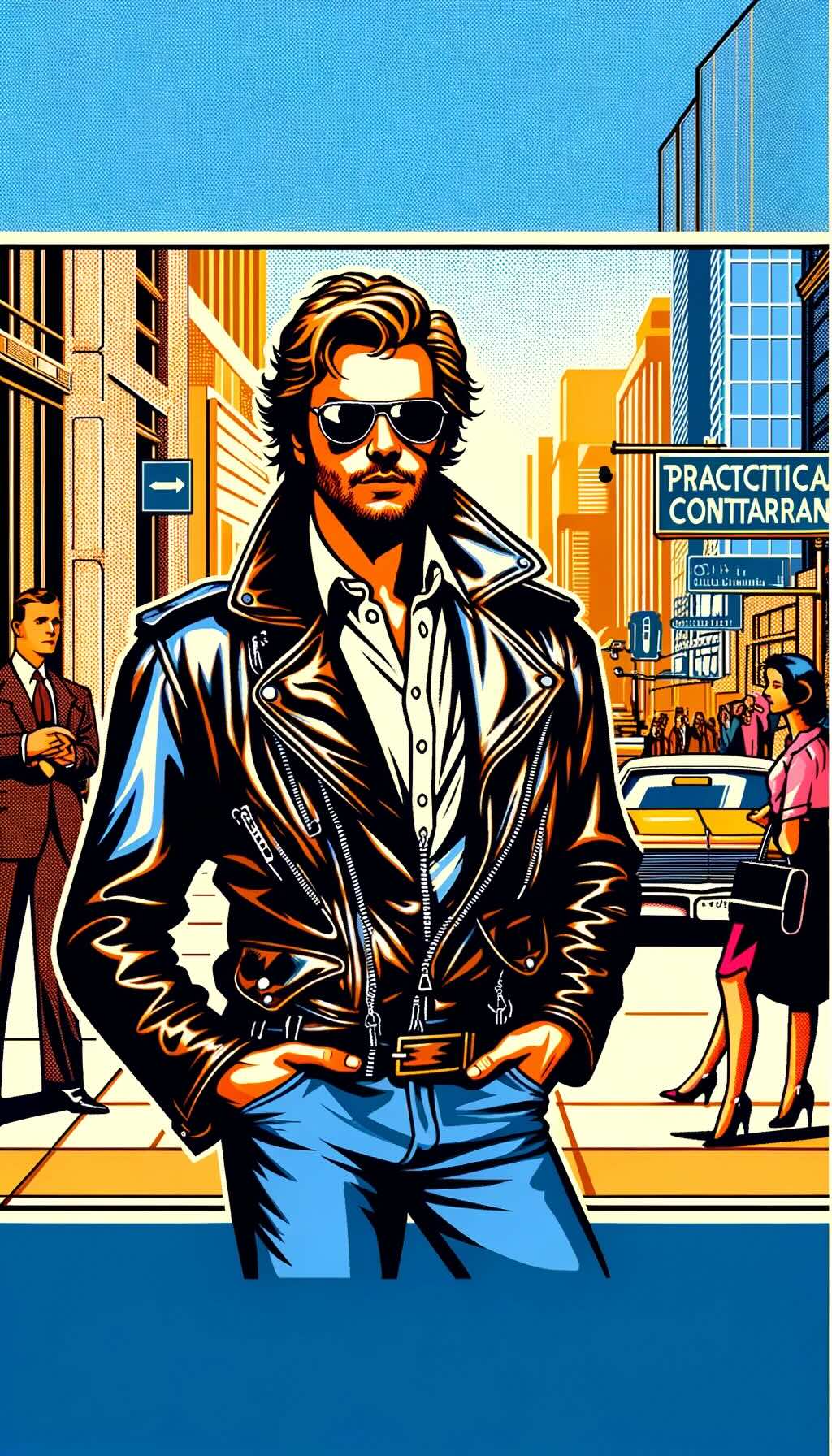 'practical contrarian' characterized as a maverick, inspired by the cool demeanor of Cool Hand Luke depicted wearing a leather jacket, embodying a cool and rebellious attitude, confidently standing out in the setting.
