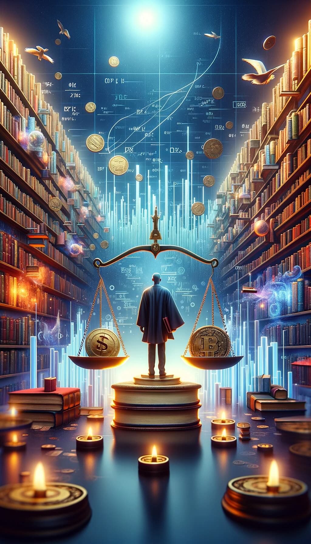Price to Book Ratio (P/B Ratio) as an invaluable tool for value investors. An investor stands before a grand library, where each book symbolizes a company's assets. In their hands, a golden scale delicately balances a coin against a book, the scale tipping towards the book, signifying the discovery of stocks undervalued by the market. This scene, set against an ethereal backdrop, underscores the potential for uncovering hidden market value. Surrounding the investor, mathematical symbols and a luminous aura around select books add to the mystique, illustrating the analytical depth required in this quest. The focused gaze of the investor conveys a determination to unearth these hidden gems, inviting viewers on a journey of strategic investment through the lens of the P/B Ratio.