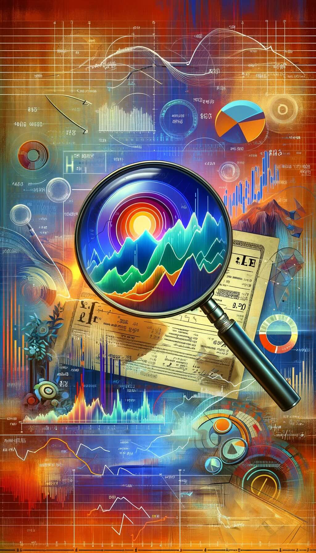 Price to Earnings Ratio (P/E Ratio) through a symbolic portrayal that speaks to value investors. A magnifying glass zeroes in on a stock certificate, beneath which unfolds a landscape of hills and valleys, representing the stock's performance and the fluctuations in market prices over time. This magnifying glass symbolizes the investor's detailed scrutiny, aiming to discern a company's profitability and growth potential by examining its earnings per share (EPS). Contrasting colors and shapes dynamically illustrate the concept of high and low P/E Ratios, distinguishing between undervalued and overvalued stocks. Mathematical equations and financial charts envelop the scene, adding depth to the analytical process. This visual metaphor invites viewers into the meticulous world of value investing, where the P/E Ratio serves as a critical tool in uncovering potential investment opportunities.
