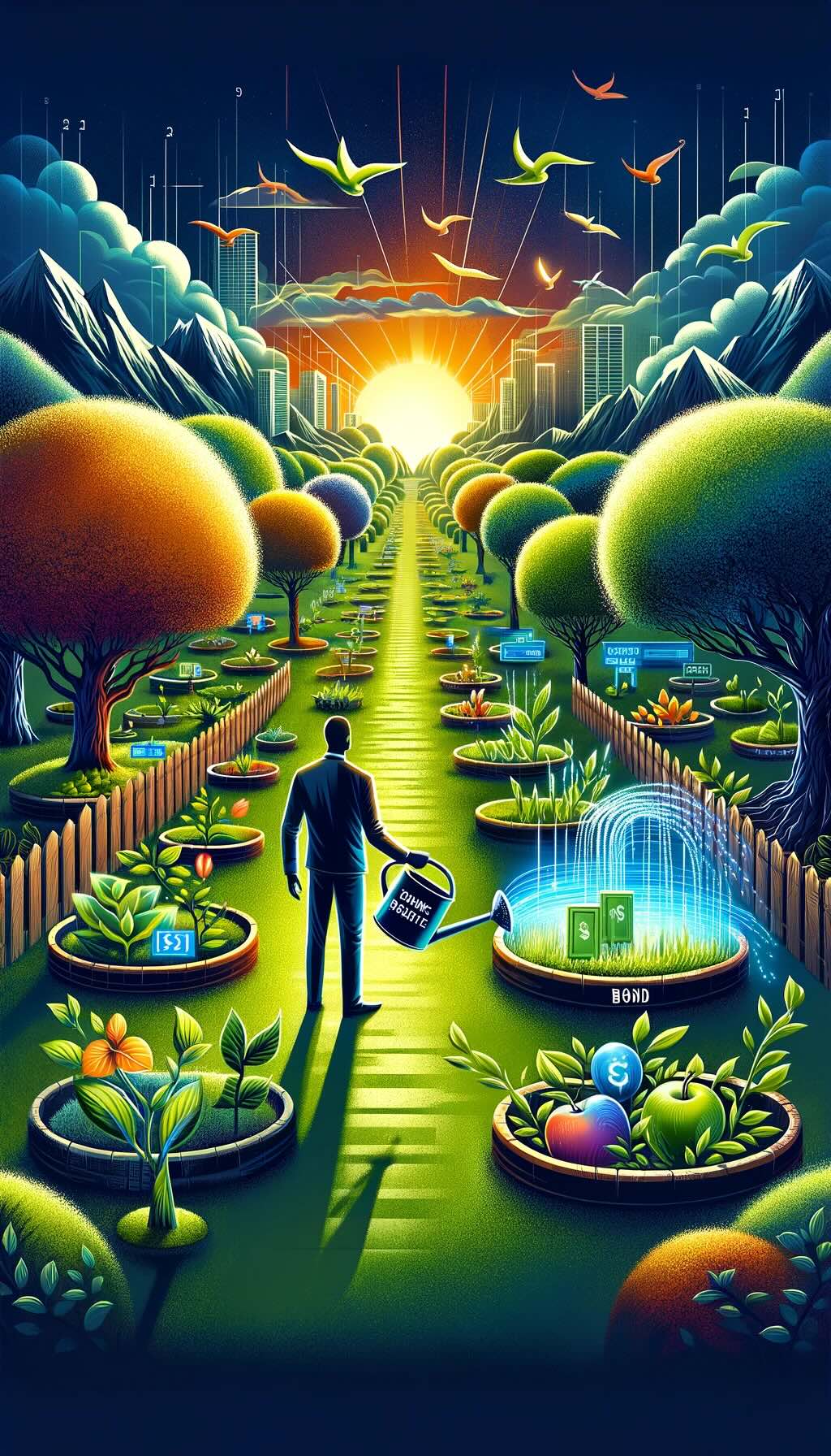 Role of bonds in an investment portfolio, depicting an investor in a serene garden, where various plants and trees symbolize the diversity and stability bonds bring. The investor, watering these plants with a can marked 'Income & Stability', illustrates how bonds nurture a portfolio by providing financial security and steady income. Enclosed by a protective fence against market volatility, the garden path leads towards a sunny clearing, representing the achievement of long-term financial goals and peace of mind through strategic bond investment. This scene, rich in symbolism and vibrant detail, invites viewers to appreciate bonds' essential function in preserving capital and generating income within a well-rounded investment strategy. 