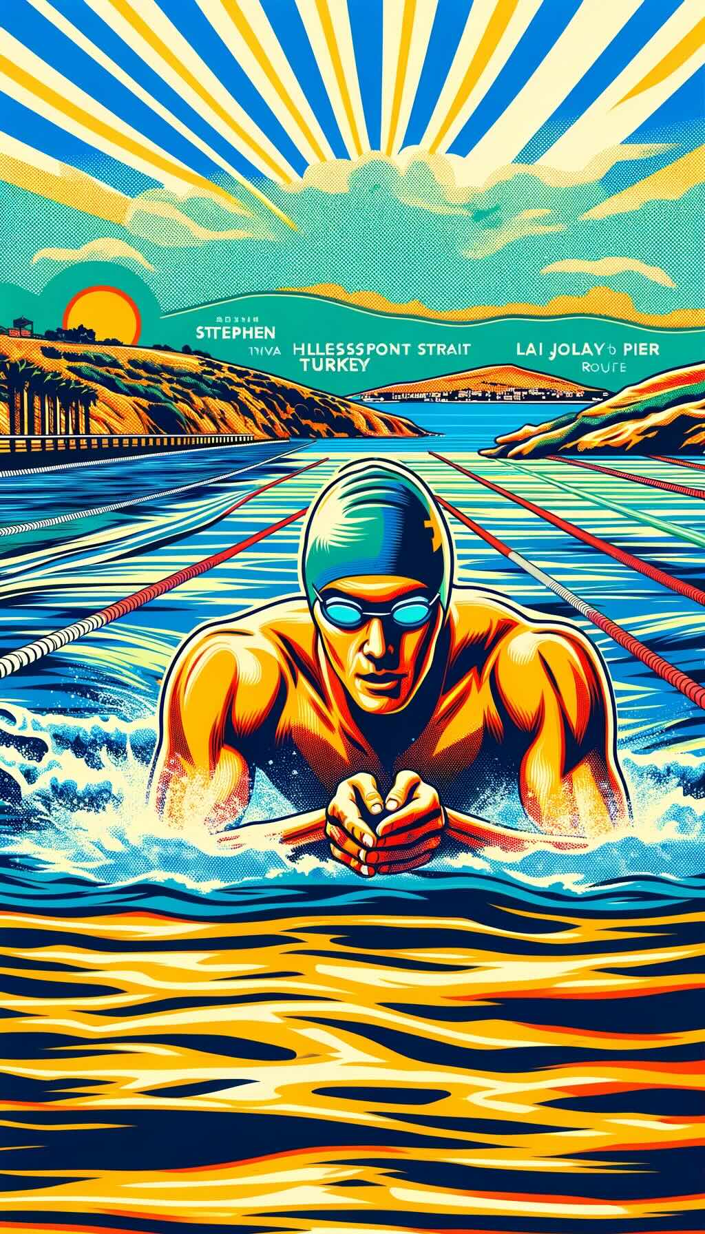 Stephen, the open water swimmer. It depicts his swimming journey, with elements from both the Hellespont Strait in Turkey and the La Jolla Cove to Pier route. The image embodies the vibrant and colorful essence of Pop Art, emphasizing Stephen's determination and focus