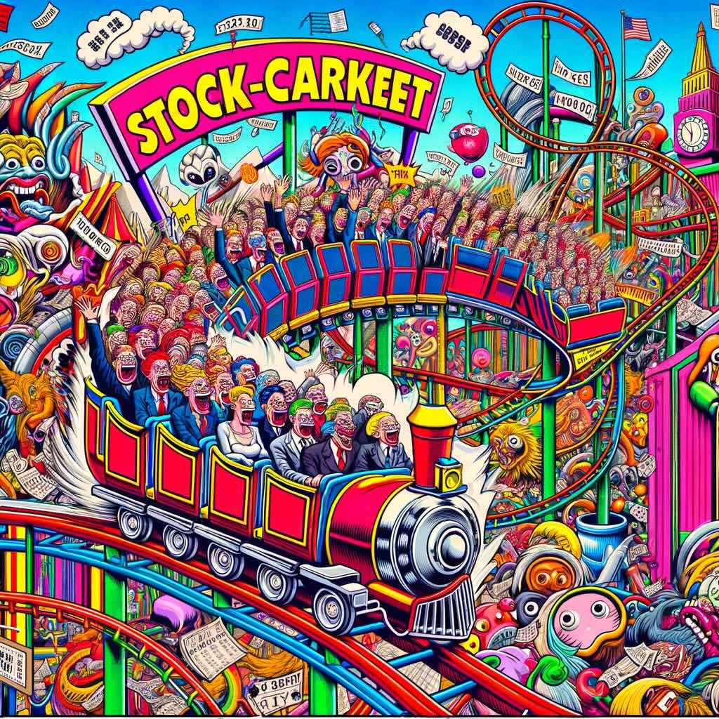 Stock market as a rollercoaster ride. The image creatively illustrates the chaotic and whimsical nature of the stock market