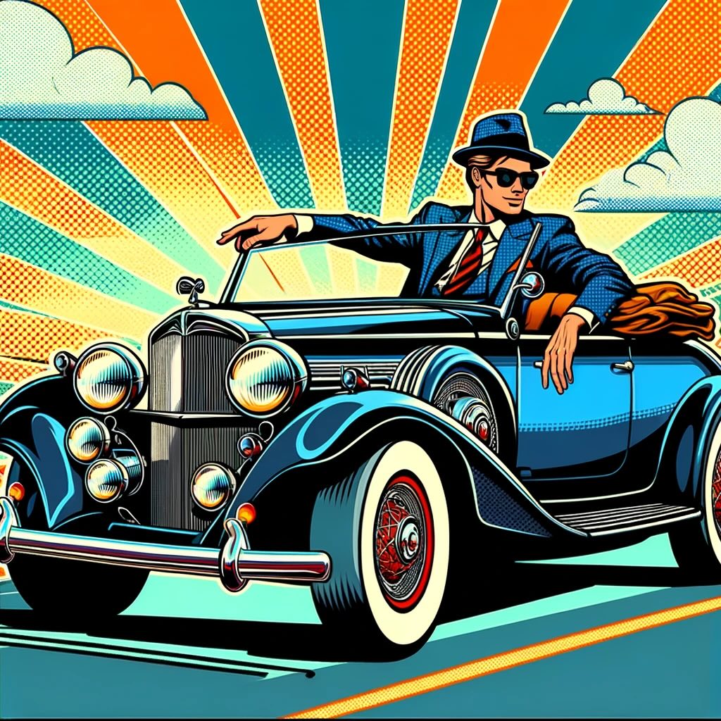The image featuring a cool gentleman driving a retro convertible in an outrageous and hilarious Pop Art style is ready for you to view. 