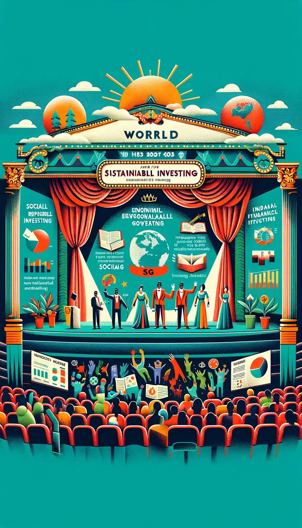 Theater of sustainable investing, showcasing Socially Responsible Investing (SRI), Environmental, Social, and Governance (ESG) investing, and Impact Investing as key players on stage. Each character, adorned in distinct costumes, represents their unique roles within sustainable investing. SRI, as the veteran actor, follows a strict ethical script, ESG, the skilled improviser, integrates multifaceted factors into financial analysis, and Impact Investing, the star performer, aims for financial returns, social impact, and environmental benefits. Props and stage elements such as scripts, financial charts, globes, and trees enrich the scene, highlighting the strategies' interconnectedness and significance. The backdrop depicts a vibrant, progressive world, underscoring the potential for growth and positive change through these investment approaches. 