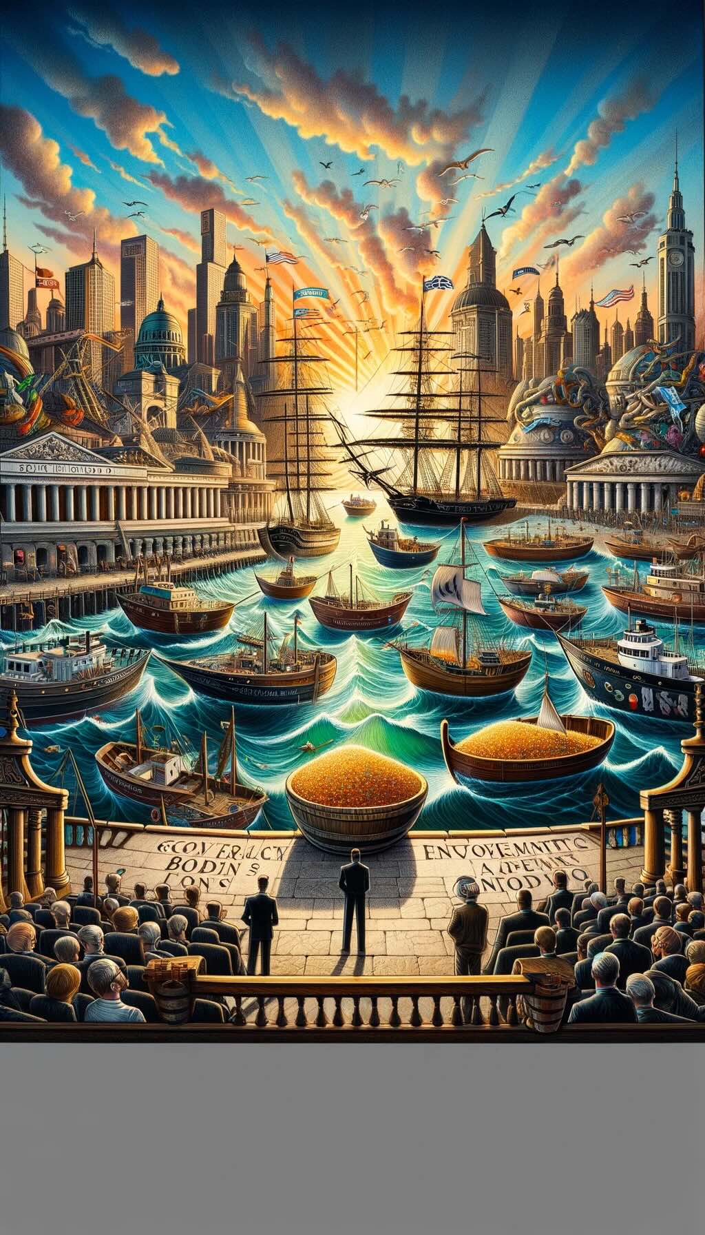 Vibrant and complex world of bonds through a metaphorical journey on the high seas. It depicts a vast harbor bustling with diverse ships, each symbolizing a different type of bond: sleek yachts represent corporate bonds, sturdy vessels stand for government bonds, quaint boats for municipal bonds, specialized ships for agency bonds, and exotic sailboats for foreign bonds. This scene of activity mirrors the dynamic bond market, against a backdrop that seamlessly blends economic prosperity with periods of uncertainty, capturing the bond market's dual role. Treasure chests brimming with gold signify the interest income bonds generate, while navigational tools represent the guidance provided to investors navigating market fluctuations. This visual narrative, rich in detail and color, invites viewers on an enlightening journey to understand bonds, their significance in investment portfolios, and the art of navigating the ever-changing bond market. 
