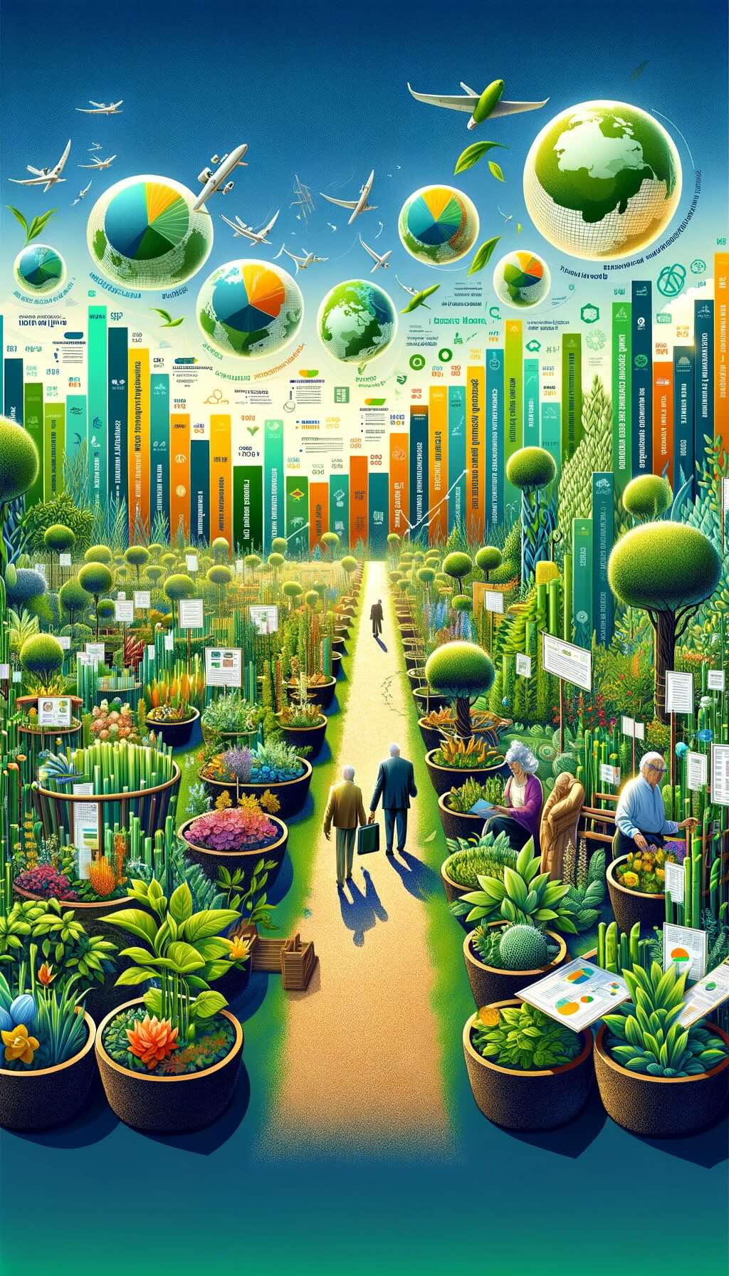 Visualizes the dynamic world of sustainable investing, depicting it as a flourishing garden. This vibrant landscape represents the exponential growth in sustainable funds, with each plant and tree labeled with different sustainable investment themes and certifications. Paths within this garden guide investors towards a vision of a better world, highlighting the significant increase in global assets dedicated to sustainable investing. Growth charts and globes entwined with greenery symbolize the worldwide surge in this movement. Figures of various generations, from baby boomers to Gen Z, are seen actively engaging with the garden, showcasing their interest in making investments that reflect their values. This colorful and engaging portrayal invites viewers to recognize sustainable investing not merely as a financial strategy but as a pathway to a more sustainable and equitable future.