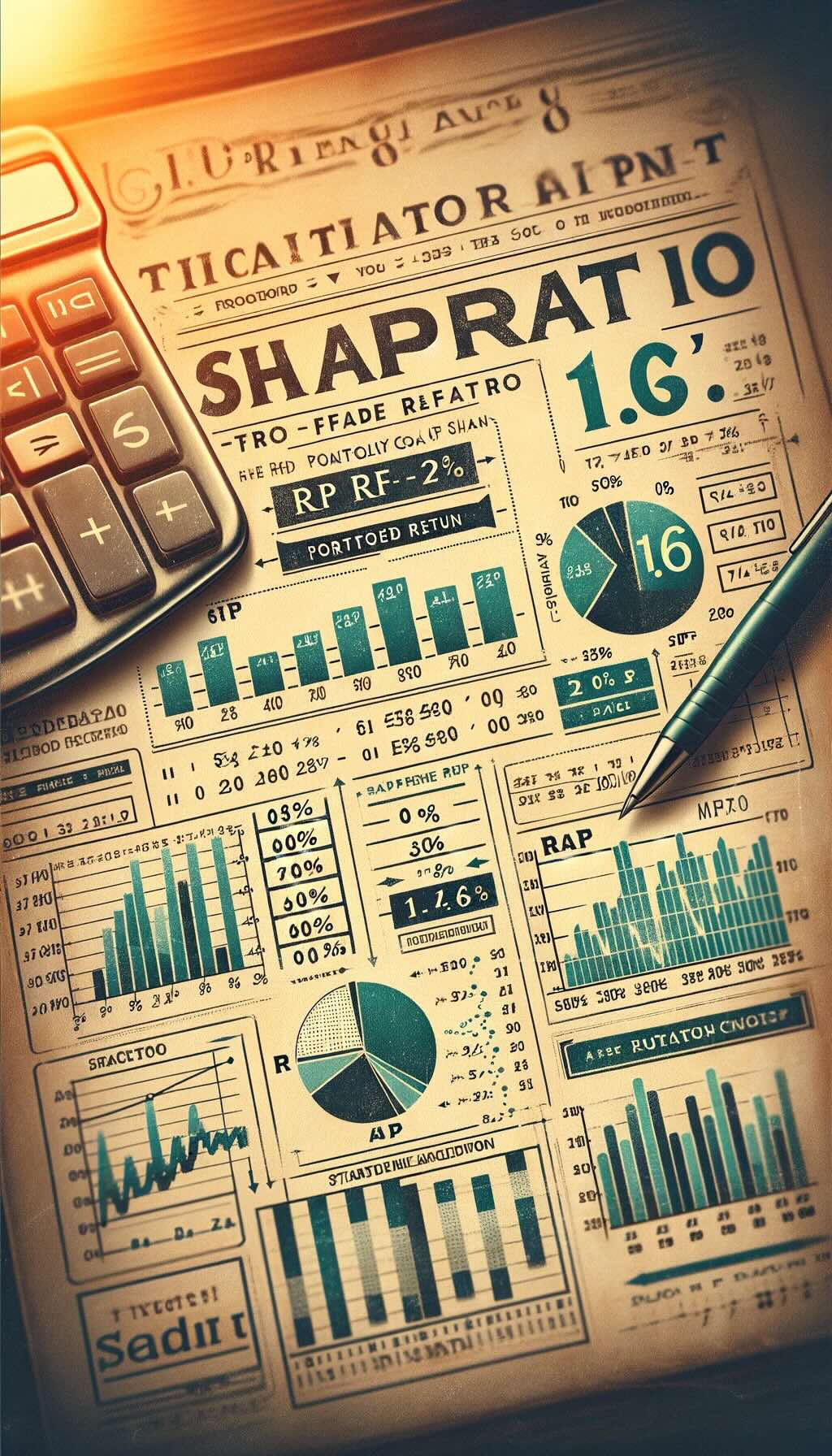 visualizing the Sharpe Ratio formula, incorporating elements like an old calculator, graphs, and ledgers to illustrate the formula and its example calculation
