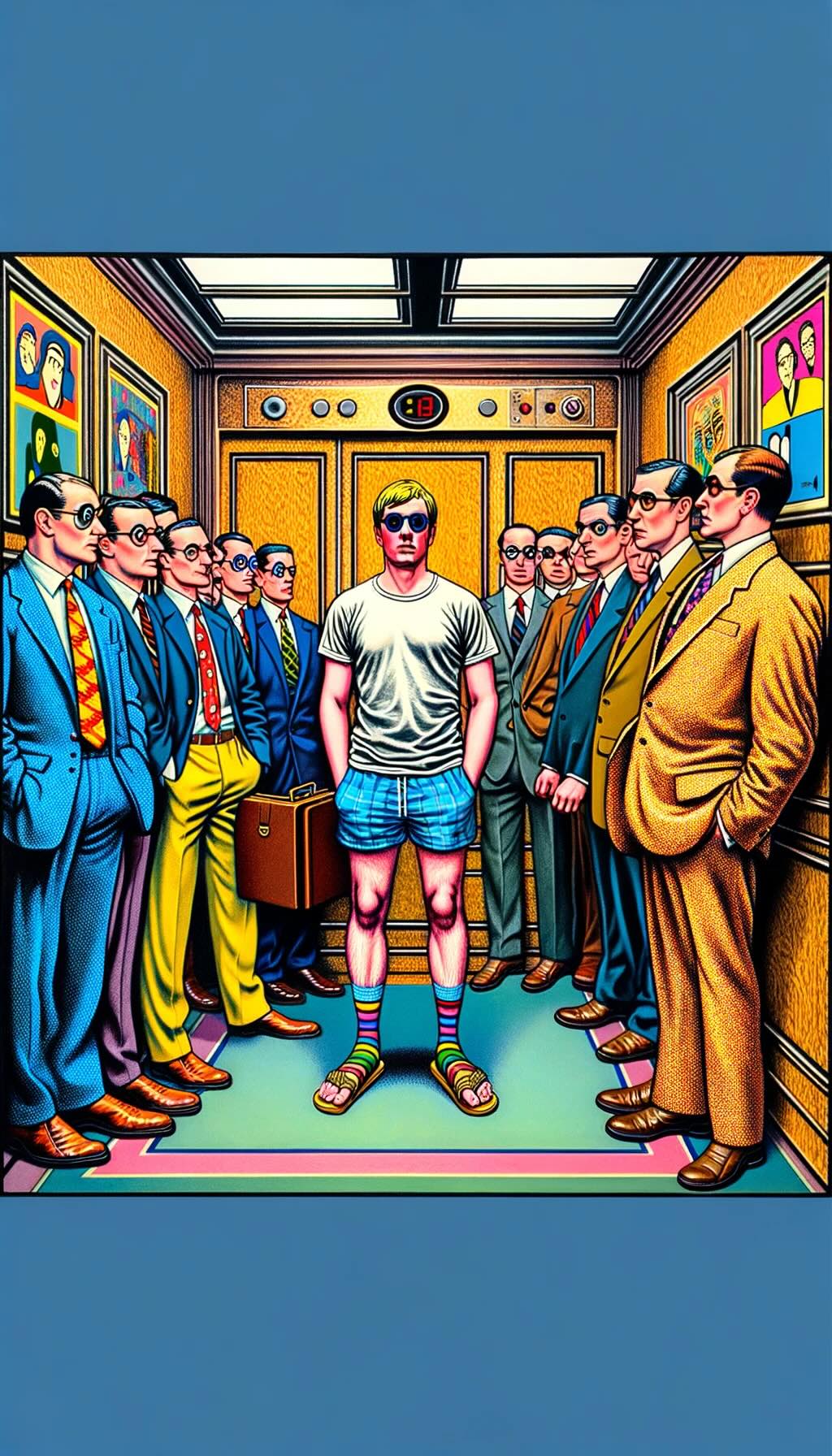 Awkwardness of being underdressed in an elevator filled with businessmen in suits. Our casually dressed protagonist, in t-shirt, shorts, and sandals, stands out amidst the exaggeratedly formal and oversized businessmen, evoking a sense of discomfort and absurdity. The elevator scene is bright and surreal, with bold patterns and colors emphasizing the clash between casual and corporate worlds. Each character, especially the underdressed one, is portrayed with exaggerated expressions, highlighting the humor in this mismatched situation. 