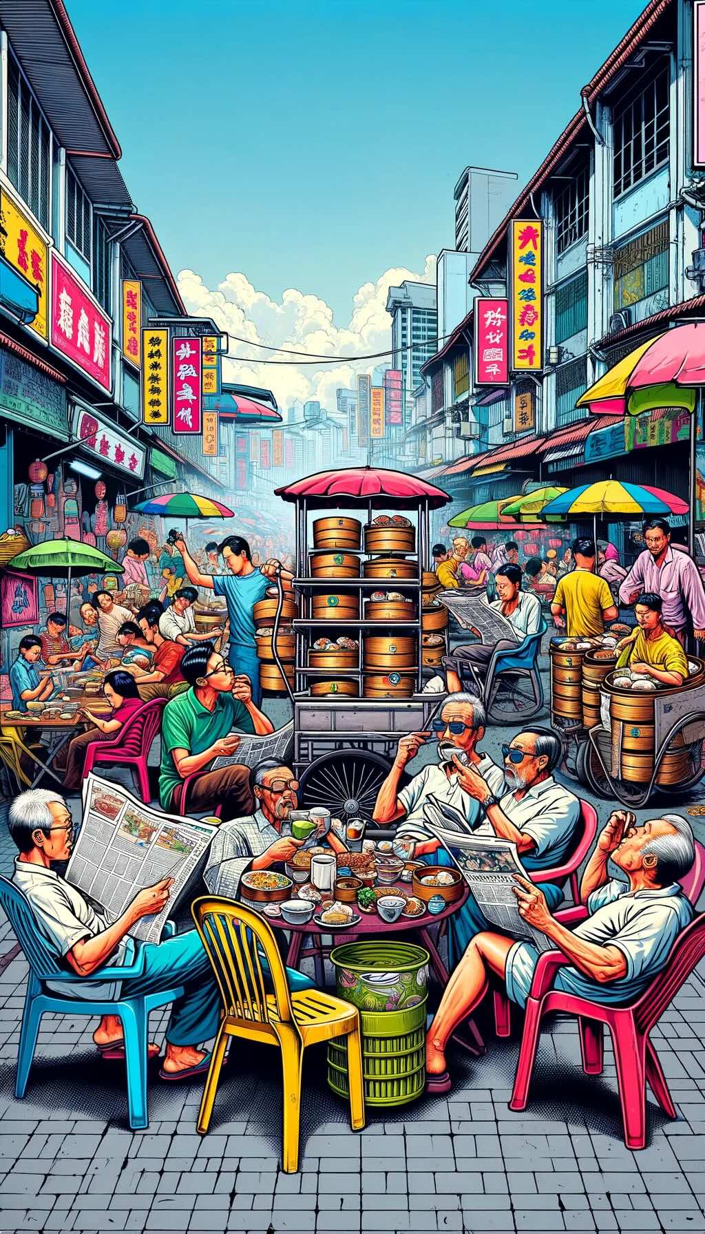 Dim Sum In Malaysia outside on plastic chairs and pushcart food 