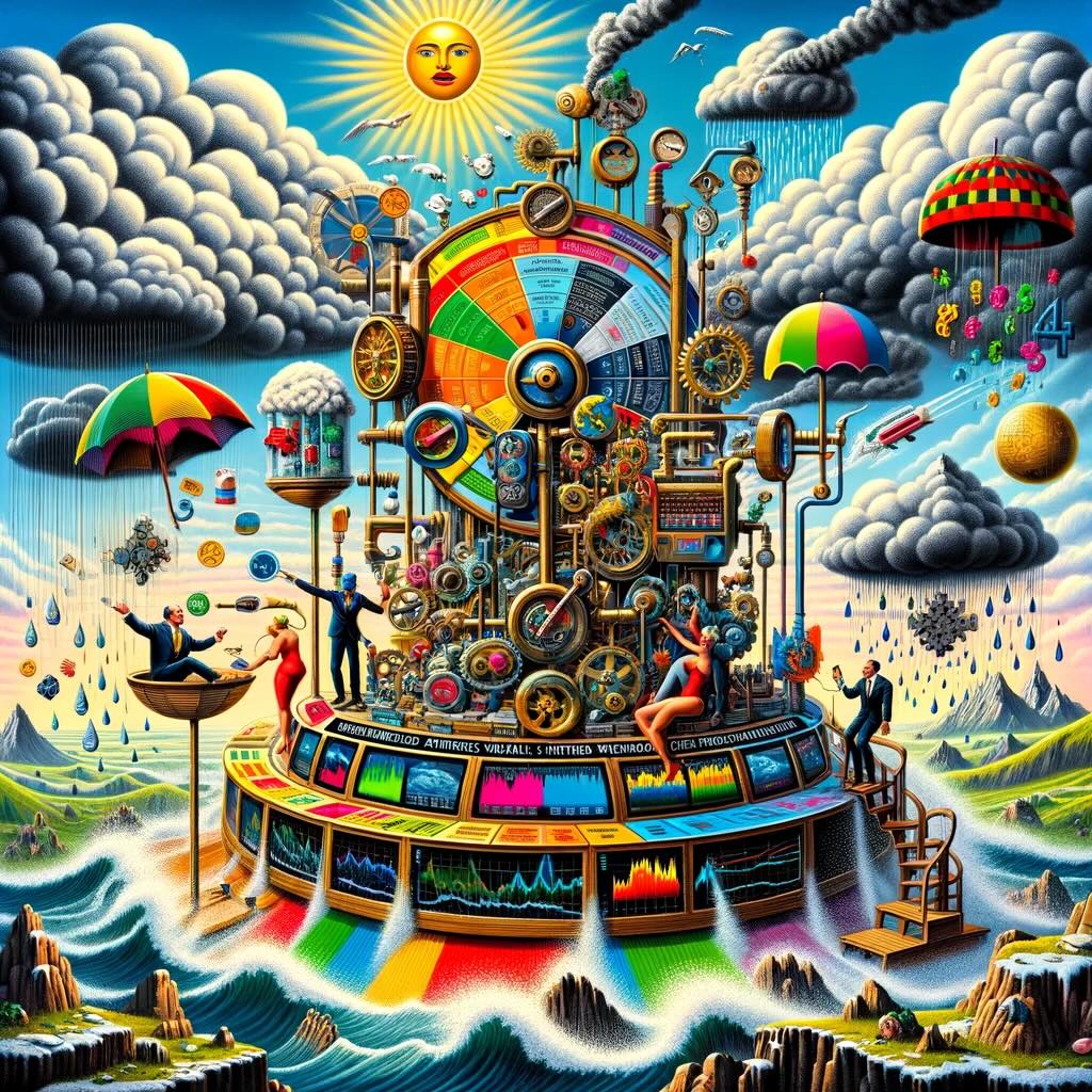 The 'Enhanced All-Weather Portfolio' is depicted as a whimsical and exaggerated scene, showcasing a fantastical weather machine operated by an eclectic group of investors. They are adjusting dials and levers to balance investment elements amidst changing economic climates, each quadrant representing different economic conditions. The investors, in colorful and outrageous outfits, embody resilience and adaptability, a humorous and affectionate tribute to strategic investin, complete with witty remarks about financial strategies. 
