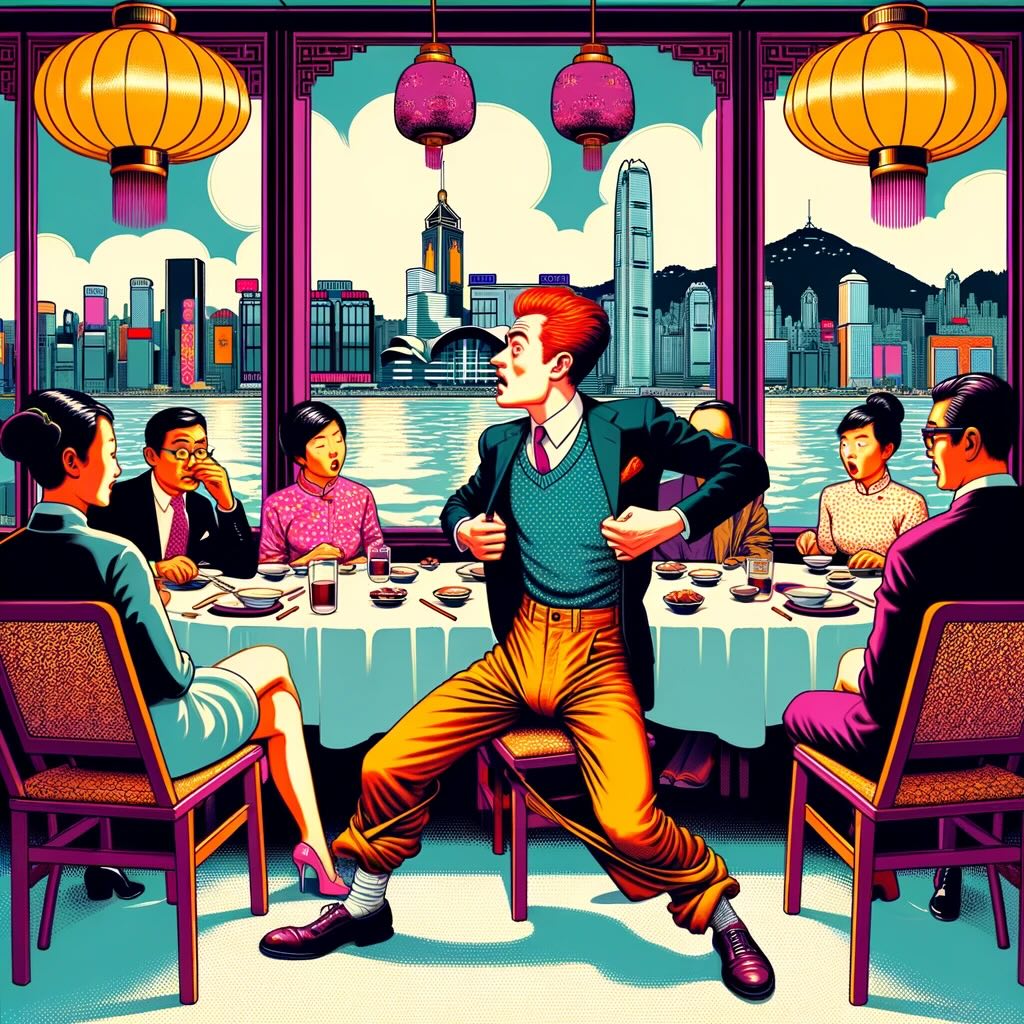 Red-haired foreigner, facing a unique wardrobe challenge in a luxurious dim sum restaurant against the vibrant backdrop of Hong Kong. Their trousers comically cover only the upper half of their legs, leaving the lower half exposed, eliciting funny and bewildered looks from the other diners. These exaggerated expressions of amusement and curiosity, set against the bold, retro colors and patterns of the restaurant's sophisticated ambiance, emphasize the absurdity of the situation. The dynamic Hong Kong skyline adds depth to this vivid Pop art tableau, capturing the essence of the foreigner's awkward predicament with a focus on the humorous trousers dilemma.