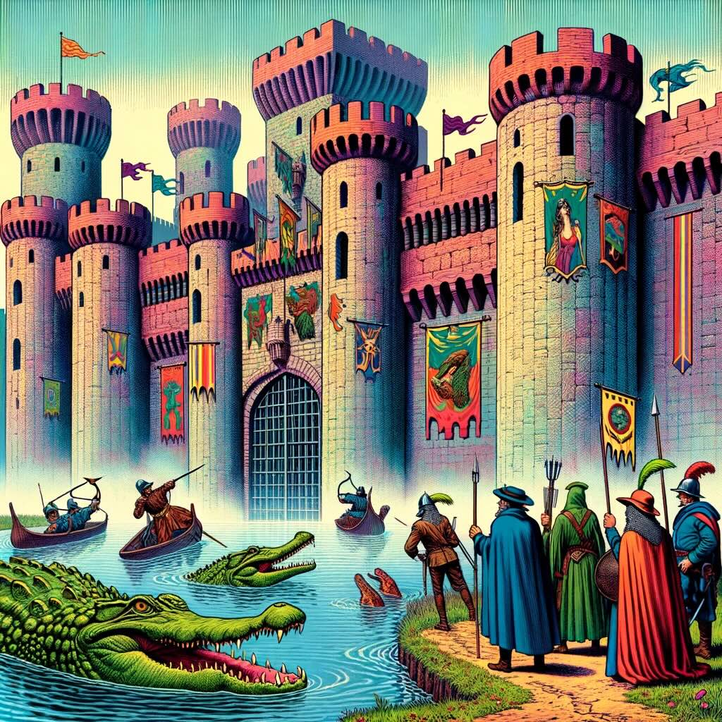 Concept of "The Fortress Portfolio" as a whimsical medieval fortress, complete with a misty moat and layers of exaggerated defenses. Characters in period attire, including an investor armed only with a small dagger, are depicted in a mix of bewilderment and amusement, pondering the fortress's impenetrable defenses. With oversized crocodiles, cartoonish archers, and a fortress that's a riot of colors, the scene playfully blends the serious nature of preserving wealth with exaggerated features and witty remarks on defensive investment strategies.