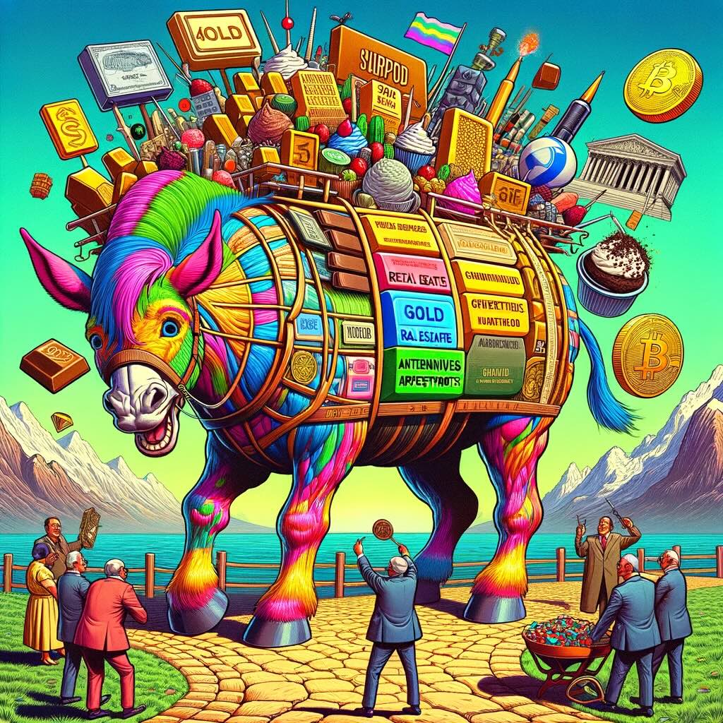 Playfully captures the 'Max D Triple P' portfolio concept, showcasing a whimsical investment landscape where a colorful pack mule, symbolizing the portfolio, is humorously laden with an assortment of investment 'desserts' representing alternative investments, atop a path of stock and bond certificates. Investors in exaggerated 60s or 70s attire marvel and interact with the diverse portfolio, emphasizing the portfolio's aim for maximum diversification. The scene, filled with vibrant colors and bold patterns, all while maintaining a comical and light-hearted atmosphere. 