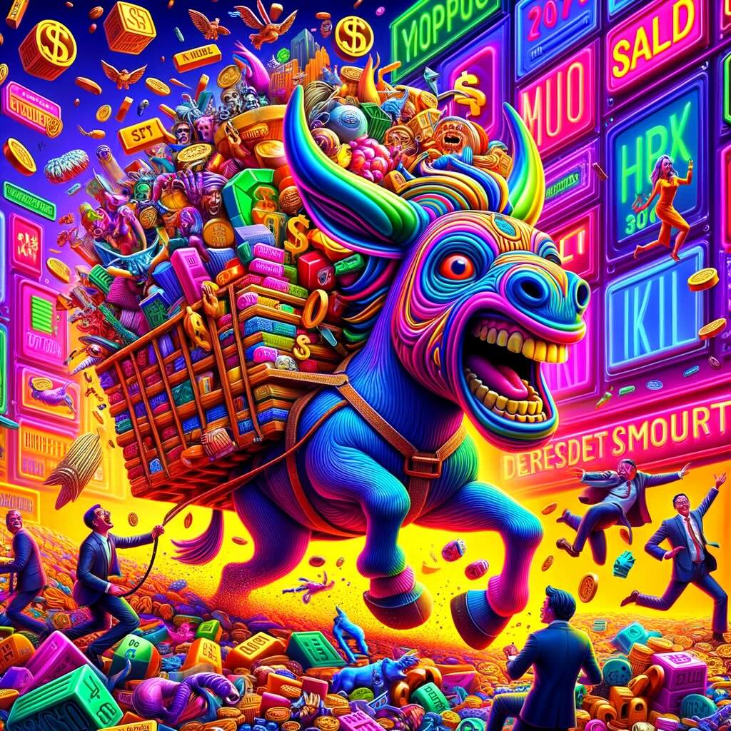 The latest rendition of the 'Max D Triple P' portfolio elevates the humor and outrageousness, featuring the pack mule as a comically exaggerated character overwhelmed by a ludicrous assortment of investments. Surrounded by investors in dramatic attire, reacting with shock and laughter, the scene explodes with financial symbols and neon colors, creating a hilariously engaging landscape. Speech bubbles filled with puns and over-the-top exclamations about investment strategies amplify the humor, making this a wildly funny and outrageous tribute to the portfolio's dedication to diversification. 