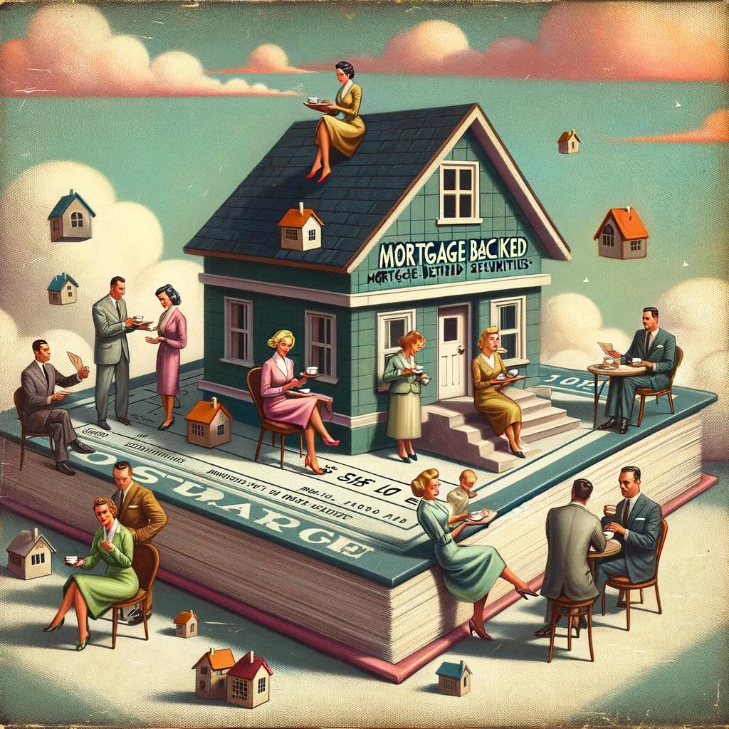 The concept of a mortgage-backed security with a more subdued retro vibe capturing a nostalgic feel while offering a playful critique of financial instruments. 