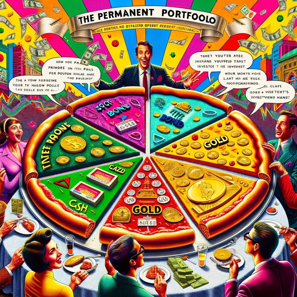 The 'Permanent Portfolio' is whimsically visualized as four equal slices of pizza, each representing a different component of the portfolio: stocks, bonds, gold, and cash. Surrounded by eager investors in flamboyant attire, each slice glows with symbols indicative of its investment type, set against a vibrant, investment-themed backdrop. The scene, whimsicality and humor, features speech bubbles filled with puns and witty comments on diversified investing, highlighting the portfolio's balanced and resilient nature in a playful and engaging manner. 