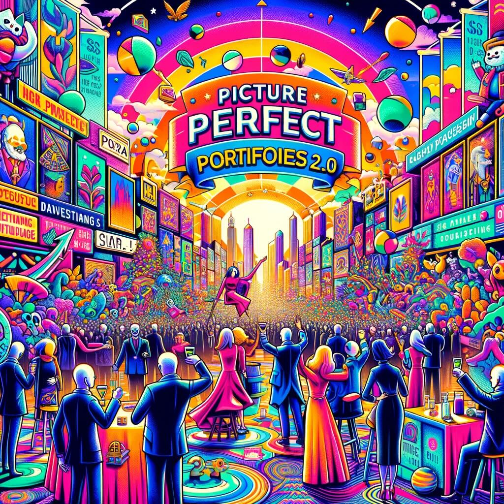 The celebratory conclusion of exploring 'Picture Perfect Portfolios 2.0 and 3.0' is vividly captured in this scene, filled with characters from the previously depicted portfolios gathering together in a vibrant celebration. Representing different investment strategies, these characters mingle and toast to future possibilities, set against a whimsical financial landscape. A large, colorful banner symbolizing the evolution and diversity of investment approaches enhances the backdrop, while the image, bursting with dynamic patterns and neon colors, conveys optimistic messages about the future of investing, the importance of personalization, and the joy of navigating the financial world with confidence and flexibility. 