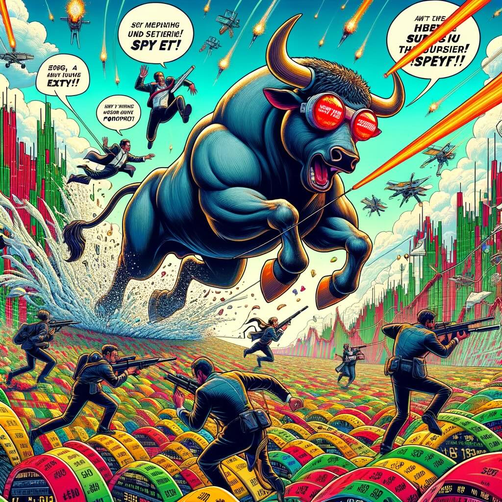 The reimagination of the 'SPY Hunter (Tactical) Portfolio' scene takes the humor and exaggeration even further. This portrayal transforms the investment battlefield into a fantastical landscape where a colossal, cartoonish bull represents the SPY ETF, racing across a backdrop of fluctuating stock charts and exploding financial indicators. Bounty hunter characters, now armed with rocket-powered boots and laser-guided investment analysis devices, coordinate their efforts to capture the bull using giant slingshots and nets made of financial reports. Drenched in vibrant colors and retro patterns, the scene embodies filled with puns and quips about investment tactics and the elusive nature of beating the SPY, making this a lively and whimsical critique of the pursuit of market outperformance. 