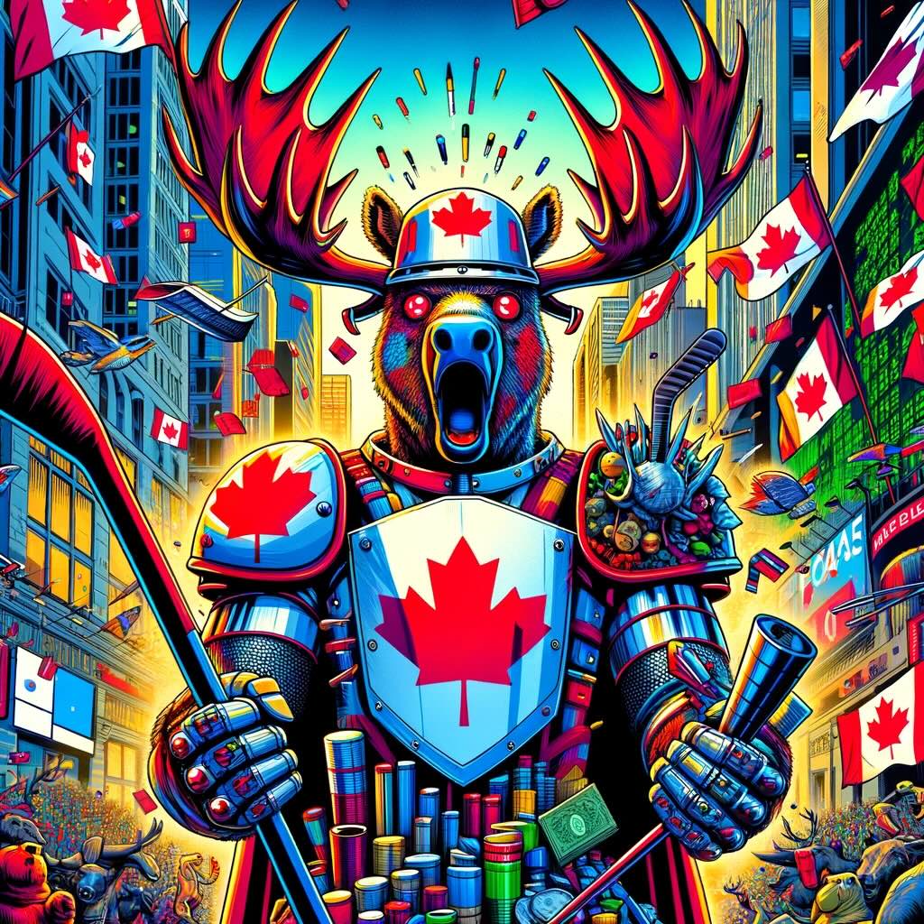 The reimagination of 'The Canucklehead' portfolio dives deeper into the comical and spirited essence of Canadian culture and investment prowess. This vibrant portrayal features the Canucklehead character adorned with exaggerated Canadian symbols, positioned amidst a lively financial market scene flanked by iconic Canadian wildlife, each symbolizing the diverse investment landscape of Canada. The playful blend of Canadian wilderness and urban financial districts, humorously celebrates the unique Canadian identity intertwined with savvy investing, complete with witty puns and humorous speech bubbles. 