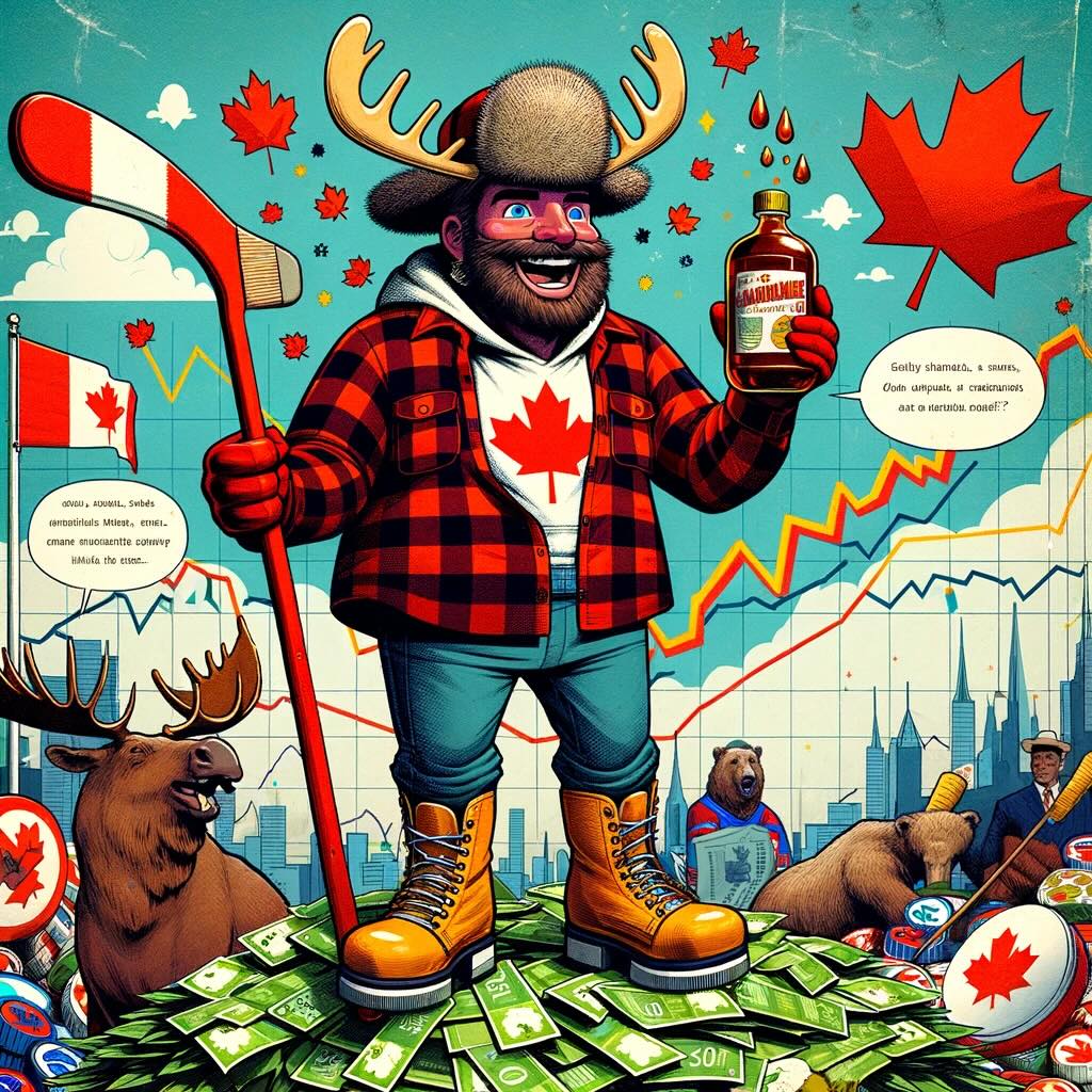 The illustration brings to life 'The Canucklehead' portfolio with a playful and exaggerated tribute to Canadian identity and investment acumen. Featuring a cartoonish character decked out in iconic Canadian attire, standing atop a mountain of Canadian dollars and maple leaves, wielding a hockey stick as a graph chart pointer and a bottle of maple syrup to symbolize investment success. Surrounding this character are whimsical representations of Canadian symbols, all set against a financial market backdrop. Speech bubbles filled with witty remarks about investment strategies and Canadian pride add a humorous and affectionate nod to Canadian investors. 