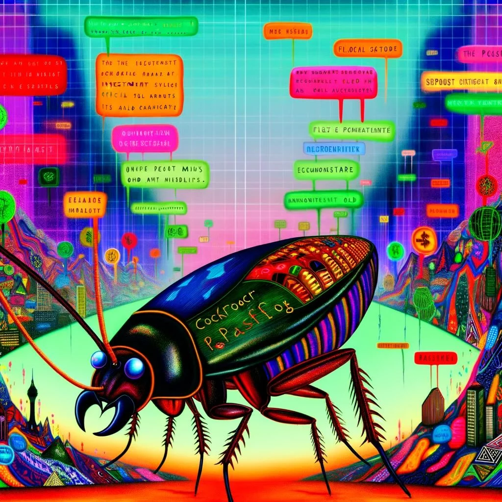 The 'Cockroach Portfolio' is vividly brought to life in a playful and exaggerated manner, emphasizing its resilience and adaptability. This portfolio is personified as a giant, colorful cockroach, navigating through a vibrant financial jungle, equipped with financial tools and symbols representing a diverse mix of investments. The whimsical scene, set against a backdrop of economic challenges and opportunities, featuring retro fades, dynamic patterns, and neon colors, complete with witty commentary on the portfolio's ability to thrive in any economic condition. 