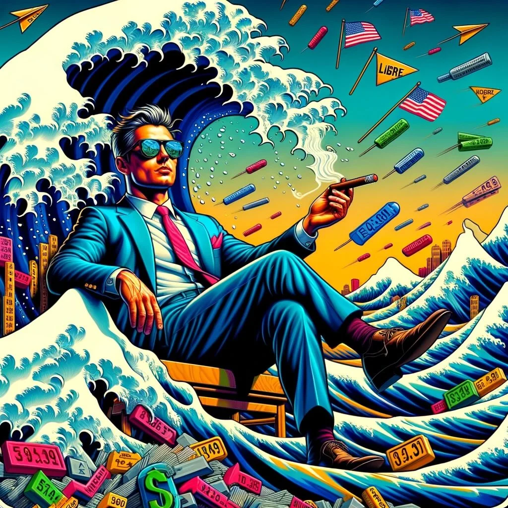 The Contrarian' portfolio, showcasing an investor who epitomizes cool defiance and individuality against a backdrop of crashing stock market waves. Dressed in a vintage suit, with sunglasses reflecting market chaos, he holds a 'Libre' flag and a cigar, symbolizing his unflappable nature amidst volatility. Traditional investment symbols are swept away, while non-traditional strategies stand firm, with AQR and Stone Ridge acting as guiding lighthouses. Bursting with color, energy, and humor, the scene dynamically portrays defiance against conventional wisdom. 