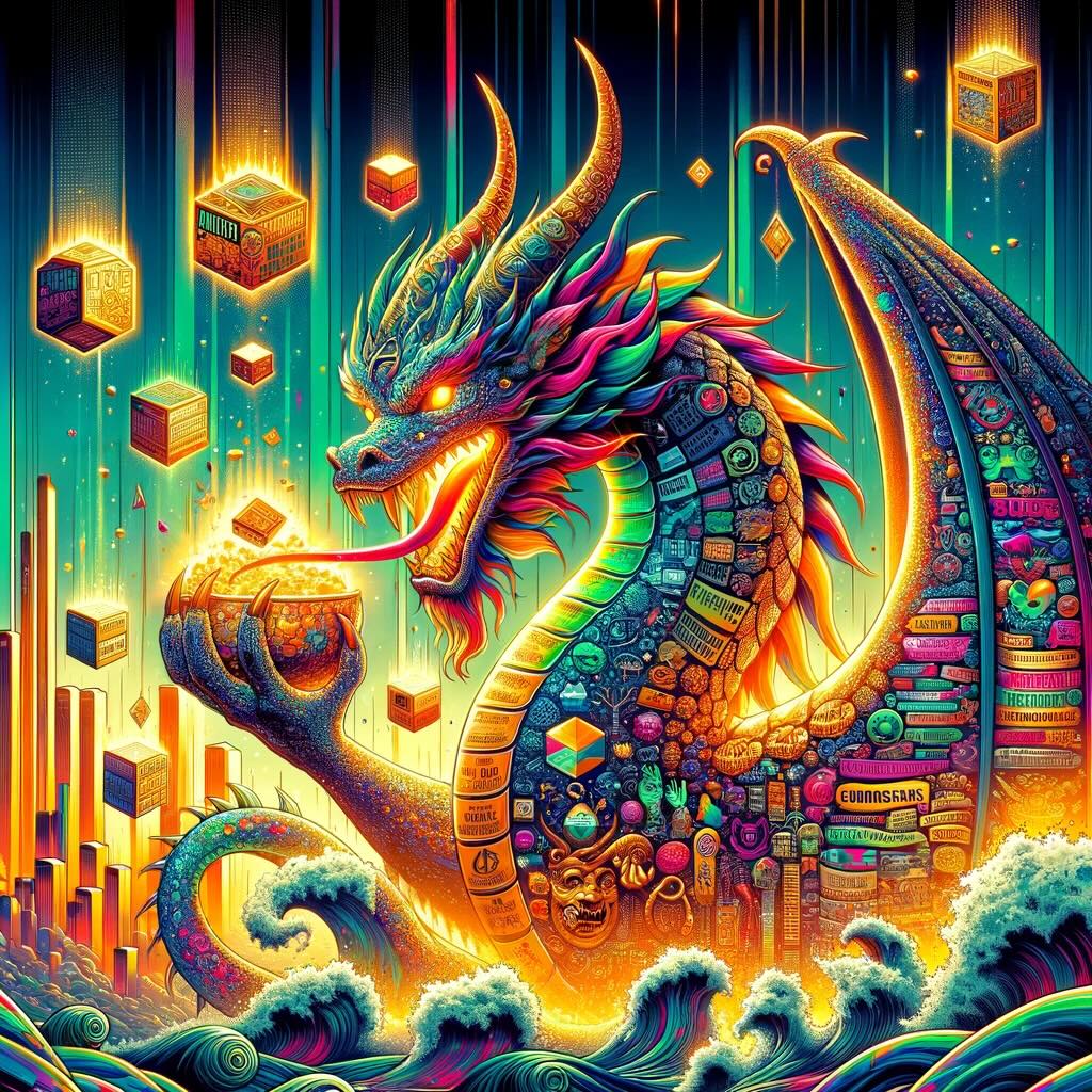 The 'Dragon Portfolio' is creatively visualized as a literal, magnificent dragon coiled around a treasure trove, representing a diverse and resilient investment strategy. This vibrant scene, features the dragon with scales shimmering like gold and eyes gleaming with financial wisdom. Each part of its body symbolizes different portfolio components, surrounded by a mythical financial landscape where other creatures marvel or challenge its supremacy. The composition is bursting with dynamic patterns, neon colors, and speech bubbles filled with clever puns about investment wisdom, humorously portraying the Dragon Portfolio as the ultimate protector of wealth. 
