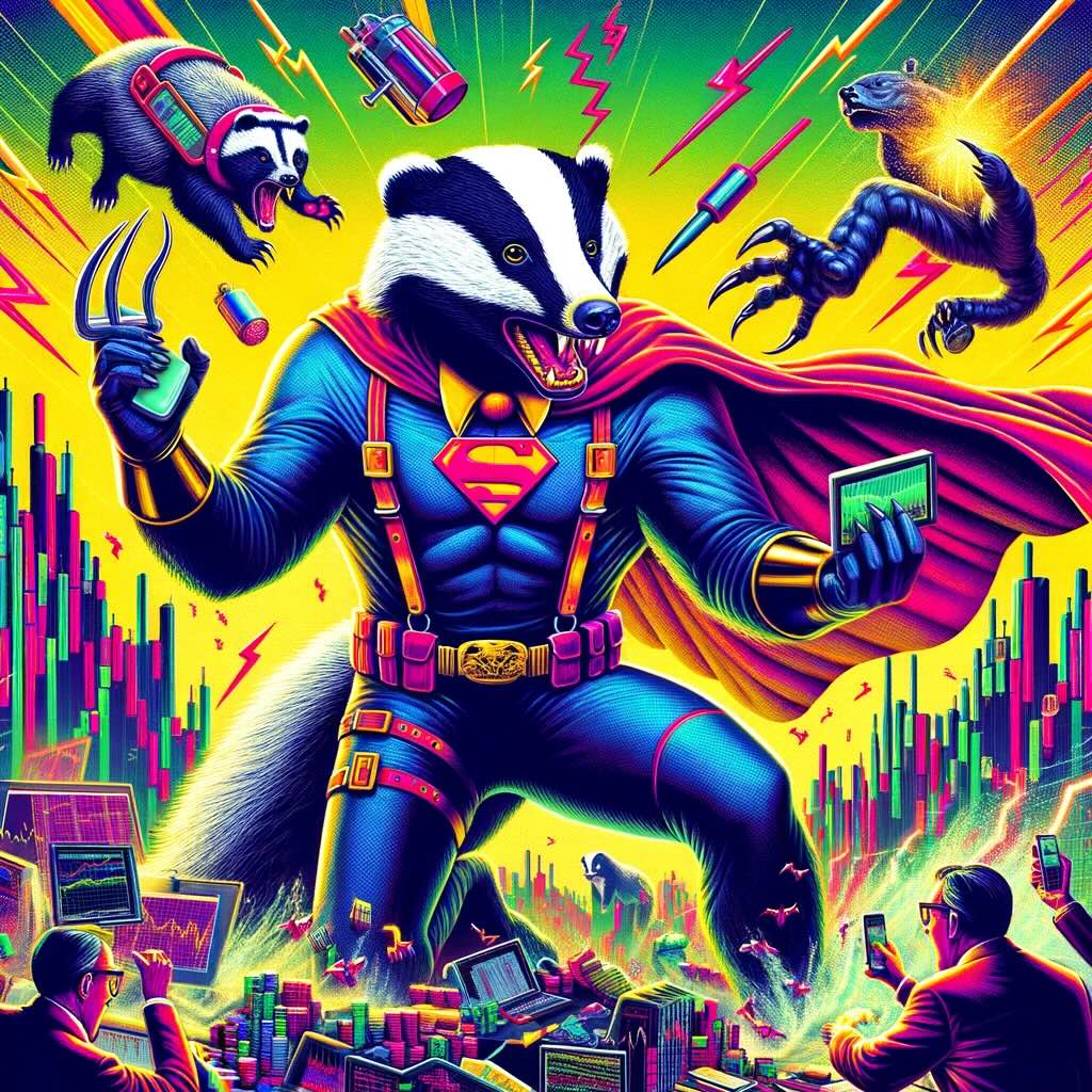 The new depiction of 'The Honey Badger' portfolio elevates the concept with an even more outrageous and humorous twist. The honey badger, now dressed in superhero attire, confronts a monstrous representation of market downturns within a fantastical stock market jungle. Amidst neon-colored chaos, it wields gadgets symbolizing investment tools to navigate and conquer volatility, showcasing its fearless spirit. The lively atmosphere is enriched by other investors and animal portfolios, emphasizing the portfolio's indomitable approach to tackling investment challenges. 