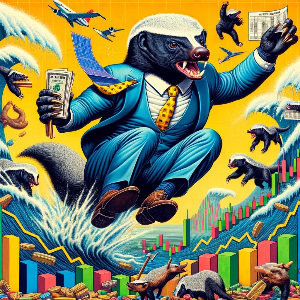 The image humorously captures 'The Honey Badger' portfolio concept, depicting a literal honey badger in investor's attire, boldly tackling the challenges of an all-equity portfolio. Dressed in a business suit and armed with financial documents, the honey badger dives into a pit of stock market charts, fearlessly battling symbols of market volatility. Set against a vibrant, exaggerated investment landscape filled with whimsical financial instruments and market indicators, embodying the portfolio's resilience and toughness with bold colors, dynamic patterns, and playful elements. 
