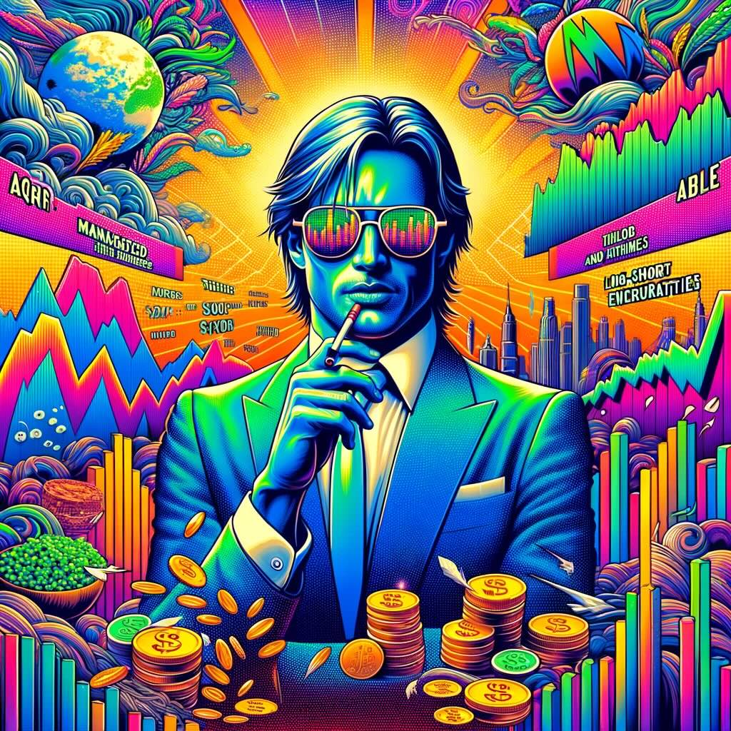 The image brings to life 'The Contrarian' portfolio with a 'Cool Hand Luke' vibe, featuring an investor embodying rebellion, resilience, and cool defiance. This scene, set against a backdrop of financial norms, showcases non-traditional investment strategies with an exaggerated, colorful twist. With sunglasses reflecting stock market charts and a casual, determined stance, the investor is surrounded by symbols of innovation and wisdom from AQR and Stone Ridge, all rendered in vibrant neon colors and dynamic patterns. This portrayal makes a bold statement about the joys and independence of being contrarian, infused with witty banter and a spirit of carving one's own path in the investment world. 