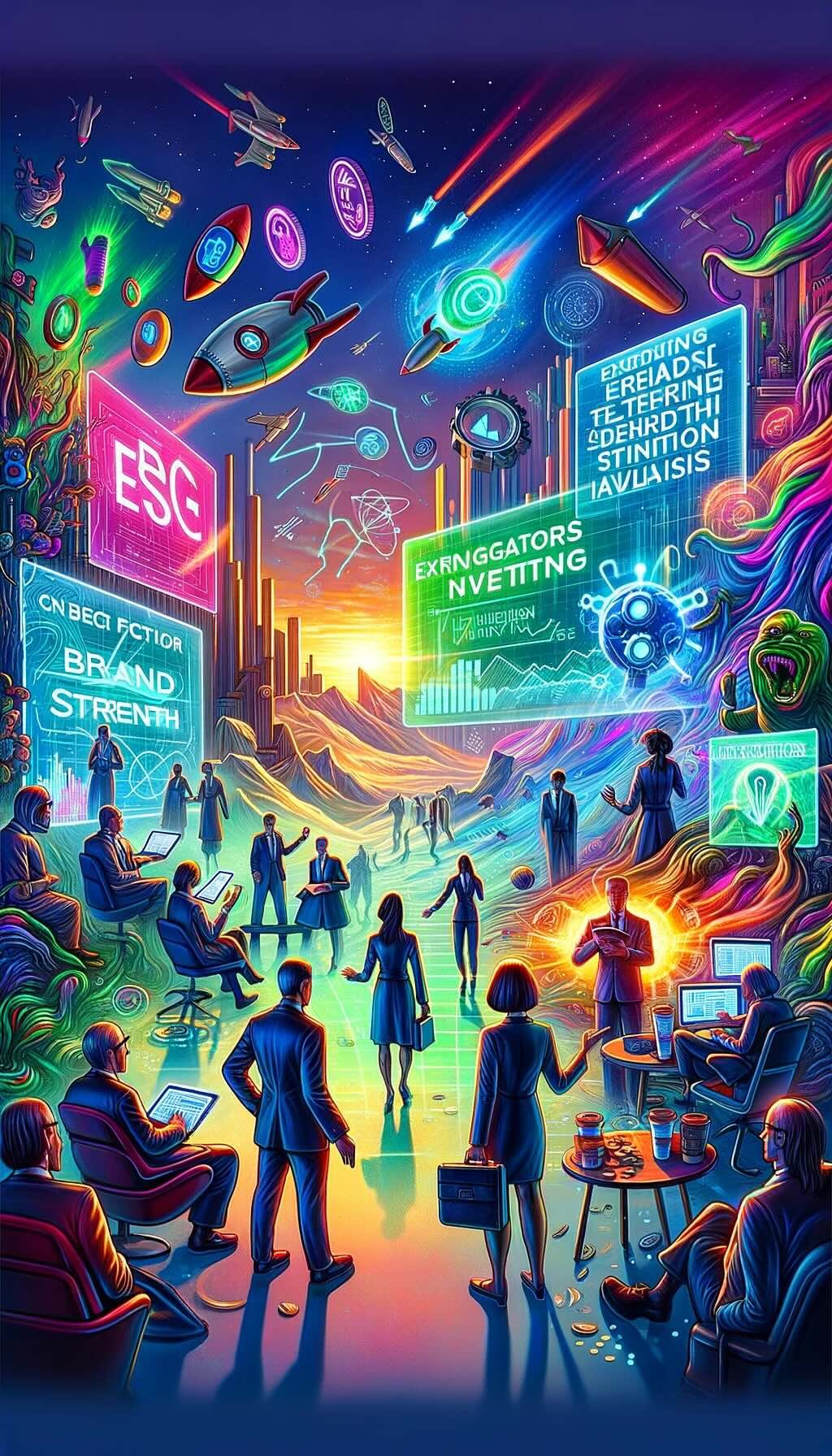 Adventurous spirit of investors exploring the evolving landscape of factor investing. It features characters interacting with holographic displays and futuristic devices, representing emerging factors like ESG criteria and the impact of technologies such as AI and big data. The scene is set against a backdrop of electric colors and abstract patterns, reflecting the dynamic and fast-changing financial world. This composition combines excitement and humor, highlighting the journey into uncharted territories of factor investing with a playful narrative.