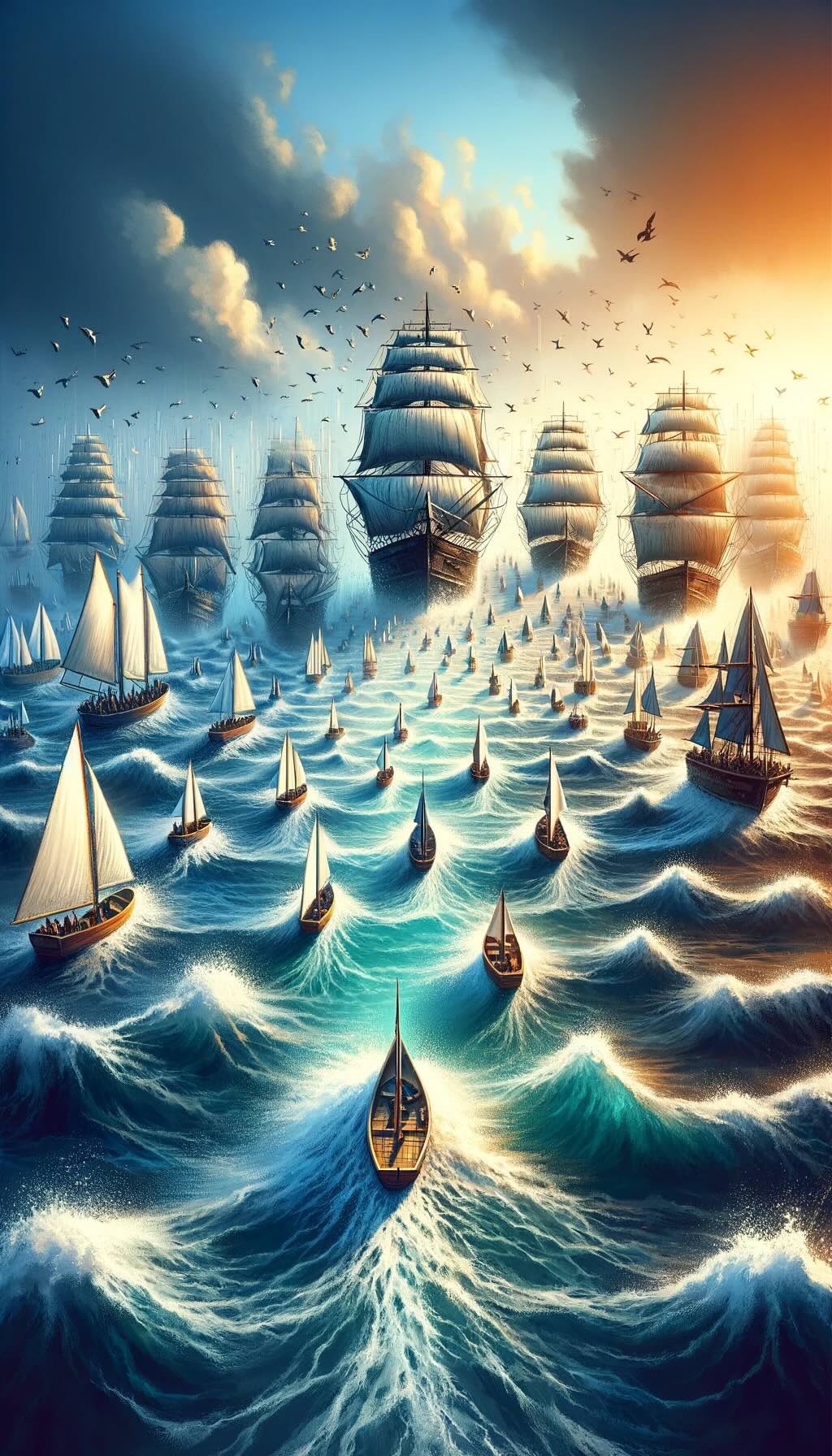 Beautifully symbolizes the investment journey through the metaphor of an ocean voyage, contrasting the varying financial requisites of ETFs and Mutual Funds. It captures the essence of financial accessibility, from the grand vessels representing Mutual Funds with varying minimum investments to the accessible, nimble sailboats of ETFs, illustrating a world of investment opportunities that cater to both large and small investors alike. 
