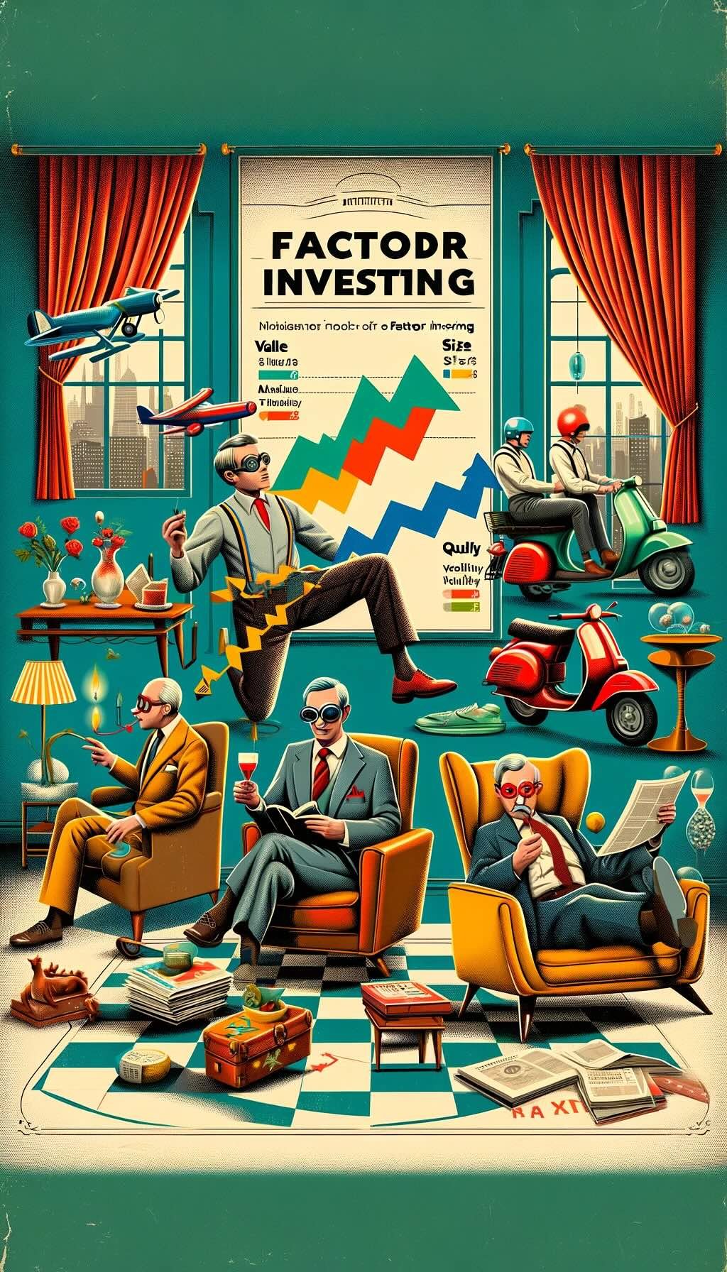 Essence of factor investing in a vibrant, retro financial salon setting. Characters representing investment factors engage in exaggerated activities: the 'value' factor is a shrewd investor closely examining antiques, the 'size' factor pilots a miniature plane through oversized financial documents, the 'momentum' character zips by on a vintage scooter, charts in tow, the 'quality' factor is a connoisseur assessing fine wines, symbolizing high-quality investments, and the 'low volatility' factor relaxes in a stylish chair, unfazed by market fluctuations. This playful portrayal highlights the strategic nuances of factor investing with a nostalgic twist, offering a witty glimpse into the world of finance.