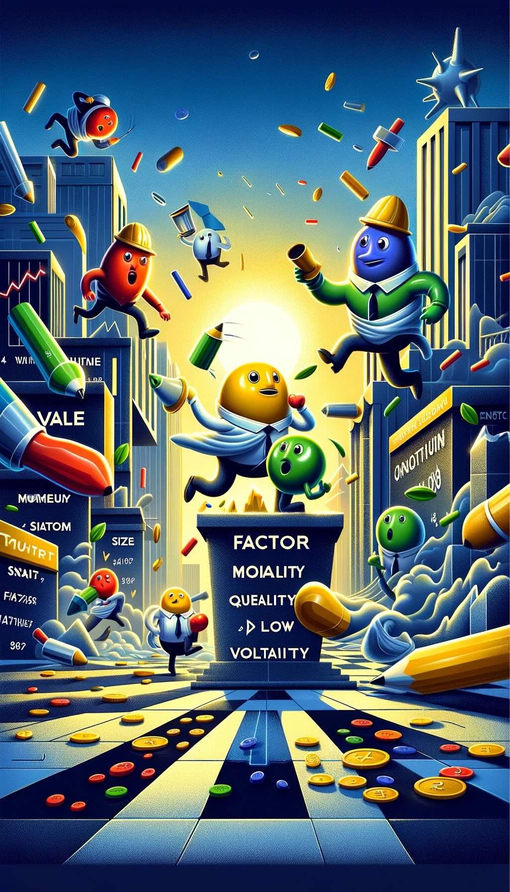 Factor investing, where each investment factor is whimsically personified. The 'value' factor character is seen delving into a pile of assets, searching for undervalued gems. A diminutive but powerful 'size' factor character outshines larger figures, illustrating the advantage of smaller companies. The 'momentum' factor is captured in a dynamic race, embodying the energy and forward motion of trending assets. Meanwhile, the 'quality' factor character examines investments with a discerning eye for top-notch opportunities, and the 'low volatility' factor remains composed amidst market turbulence. This playful portrayal encapsulates the strategic essence of factor investing, emphasizing how each factor plays a role in navigating the financial markets with success.