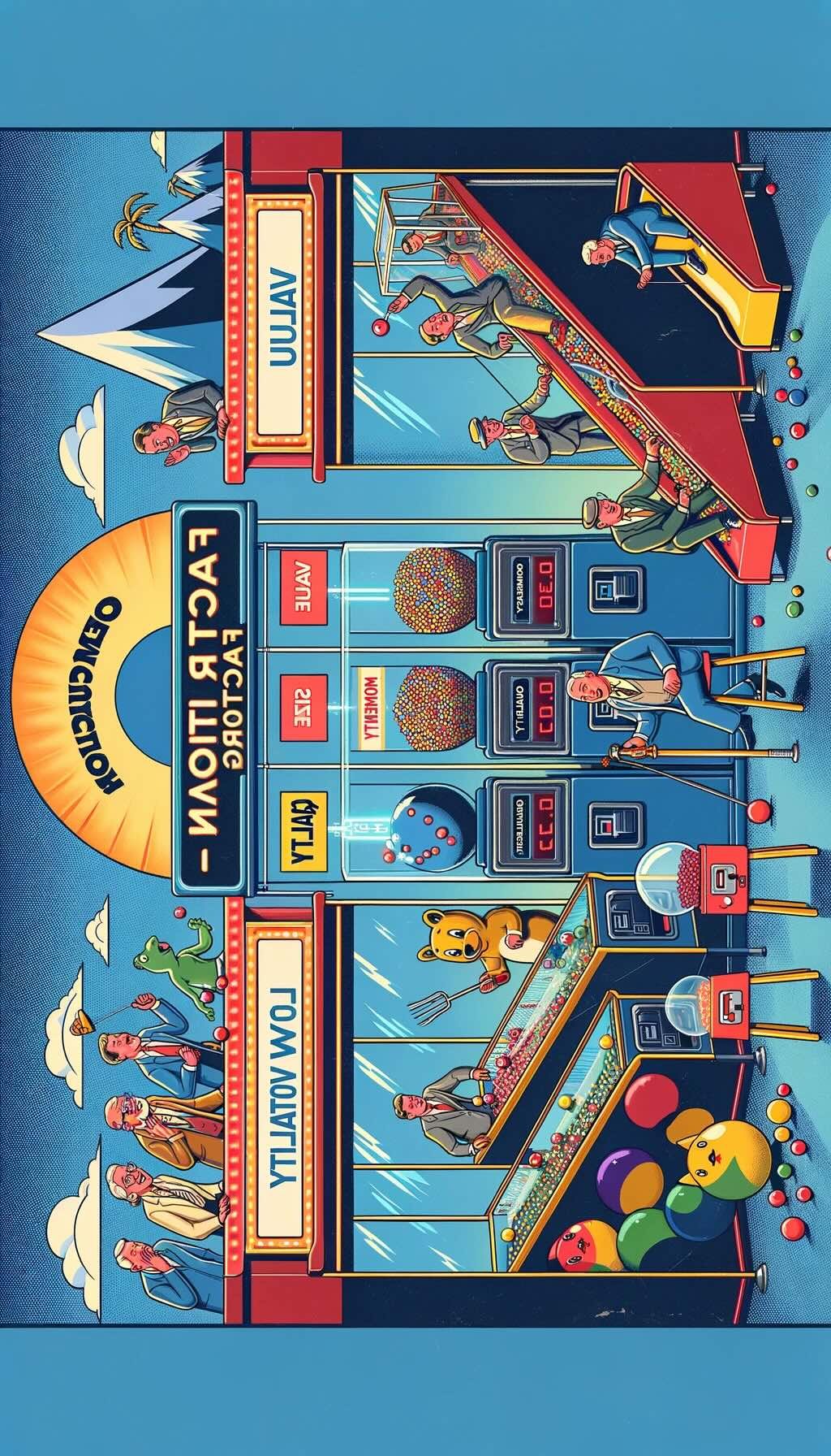 Principles of factor investing within a retro-themed financial arcade. Each investment factor is humorously personified: the 'value' factor character is engrossed in a claw machine game, searching for underpriced gemstones, symbolizing the hunt for undervalued assets. The 'size' factor is depicted playing a pinball machine where smaller balls—mirroring small-cap stocks—score higher points, illustrating the small-cap premium. 'Momentum' shows a character surfing a rising wave on a scoreboard, embodying the concept of riding the wave of continuing success. The 'quality' factor is portrayed as a contestant in a game requiring precision, aligning with the trait of companies with strong fundamentals, while 'low volatility' enjoys a gentle ride on an oscillating swing, representing the quest for stable, less turbulent investments. This playful image offers a unique, engaging perspective on the strategic nuances of factor investing.