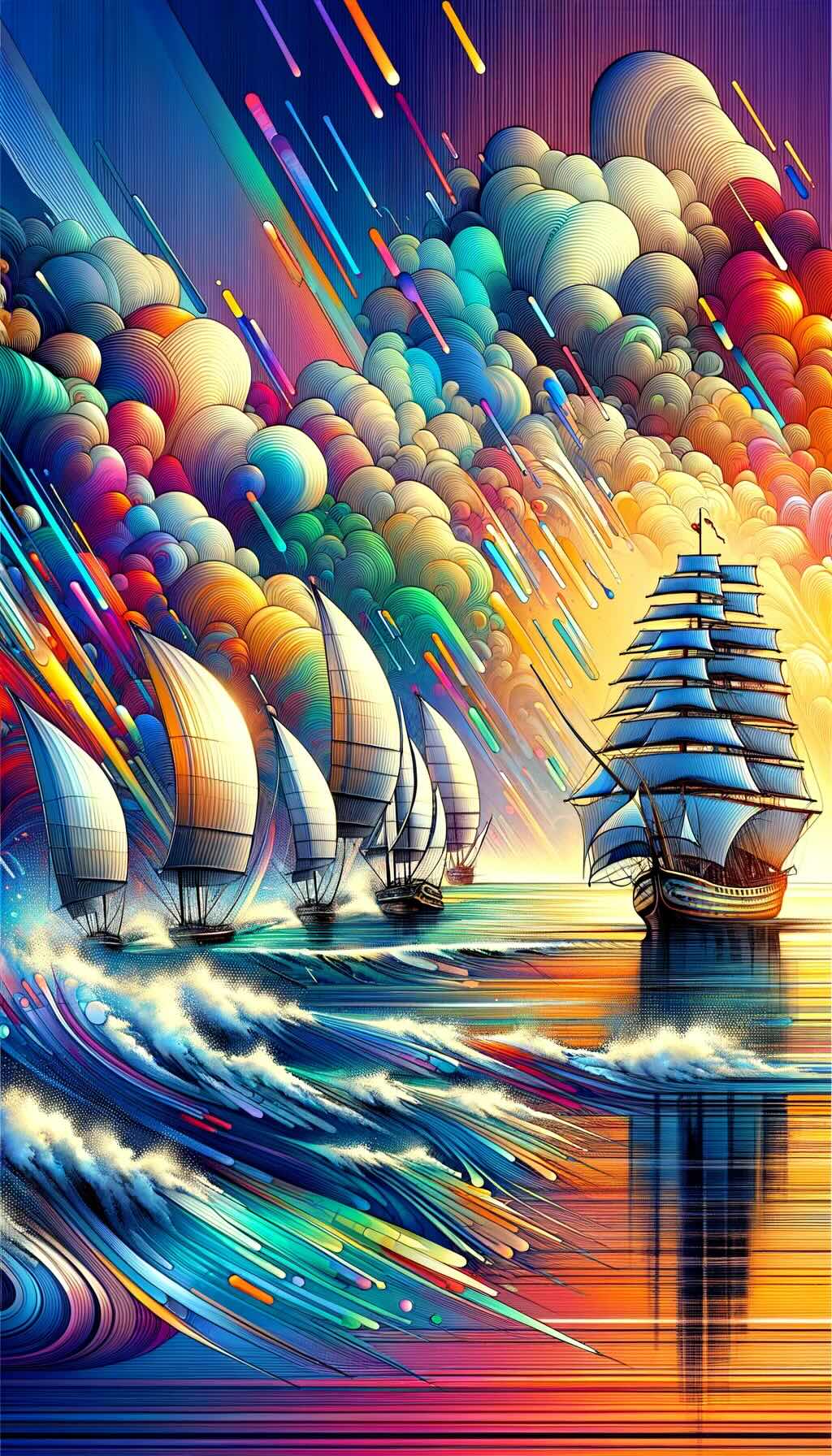 Trading flexibility and liquidity of ETFs and Mutual Funds. ETFs are depicted as agile sailboats, navigating the vibrant, fluctuating market waves, highlighting their intraday trading capabilities. In contrast, Mutual Funds are represented as majestic ships on a calm ocean, symbolizing their steady, end-of-day NAV pricing. This visual metaphor captures the essence of the investment landscape, balancing the immediacy of ETFs with the stability of Mutual Funds.