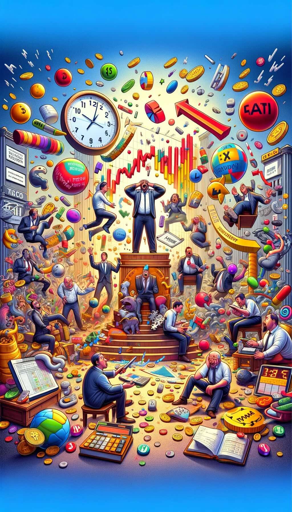 Whimsical depiction of investors navigating the complexities of factor investing. It features characters in a state of both confusion and realization, interacting with exaggerated financial symbols such as ticking clocks, swirling charts, and giant calculators that represent the challenge of factor timing. Some characters are humorously juggling colorful balls, symbolizing the diversification and risk management efforts, while another group is intently examining a towering pile of coins and ledgers, highlighting the scrutiny over the costs associated with factor investing. The backdrop is a vibrant mix of colors and patterns, emphasizing the unpredictable and dynamic nature of the investment world, with characters displaying a wide range of emotions from frustration to determination. 