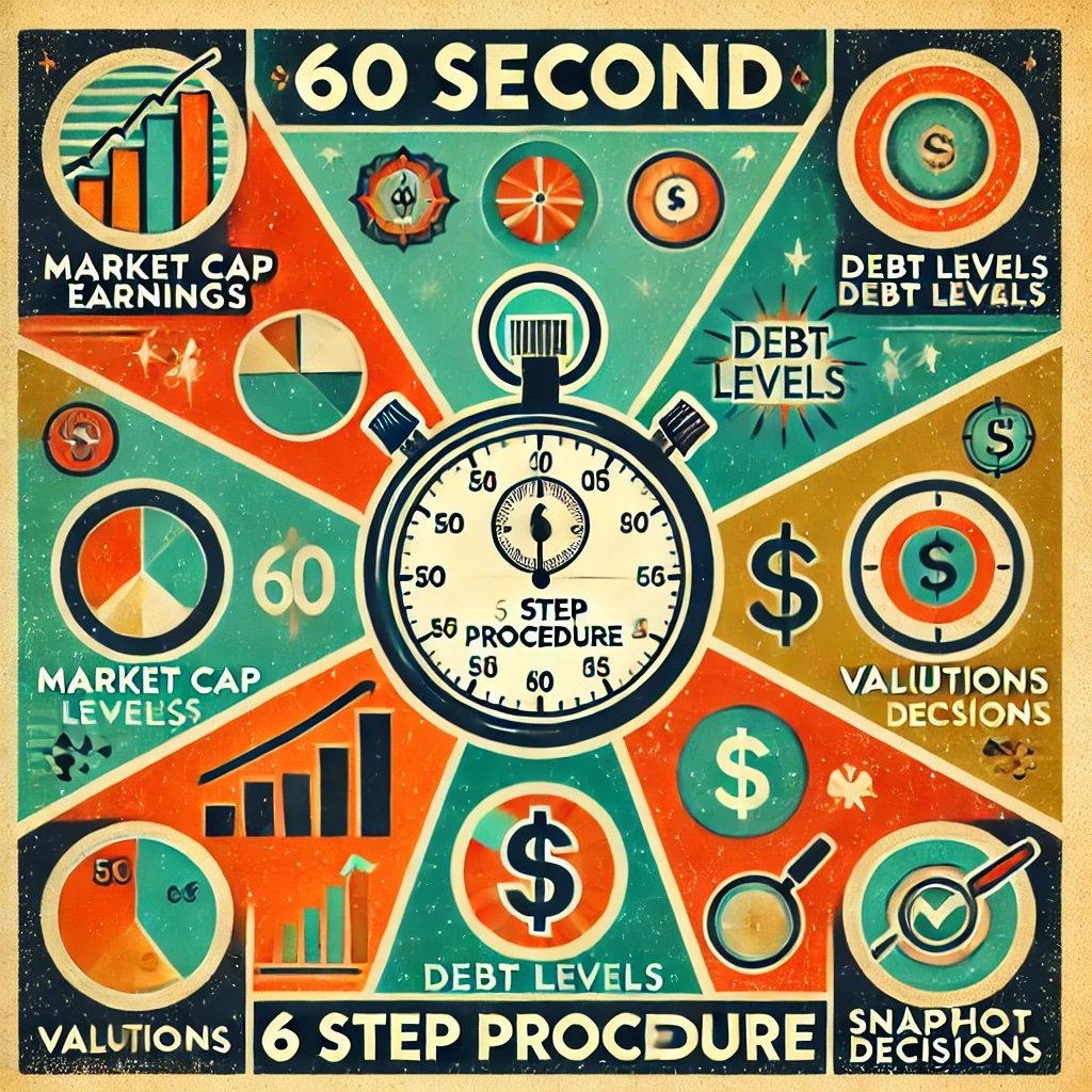 60 Second 6 Step Procedure stopwatch is central, with six radiating segments like a bar chart, dollar sign, and magnifying glass, symbolizing key stock analysis steps