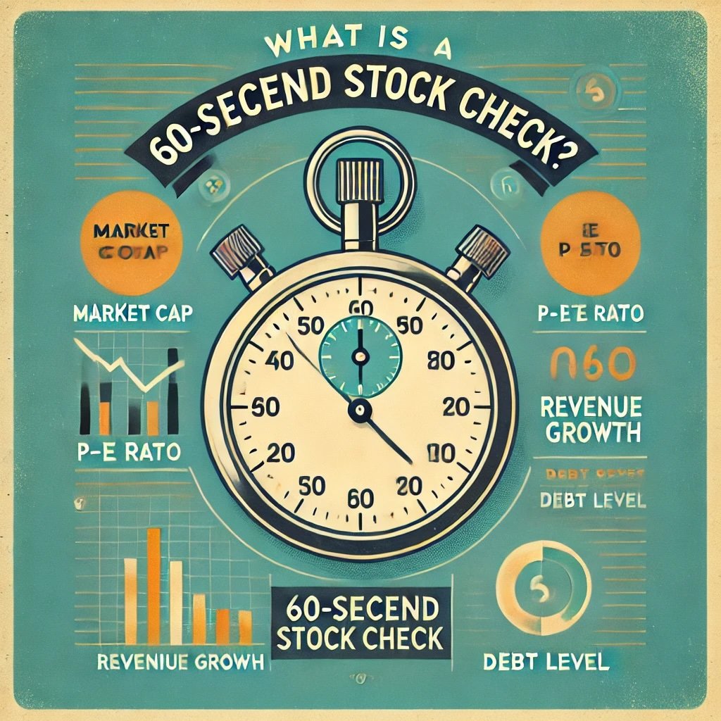 A 60-second stock check is a quick and efficient way evaluate company's fundamentals for potential investment key metrics like market cap, P/E ratio, revenue growth and debt 