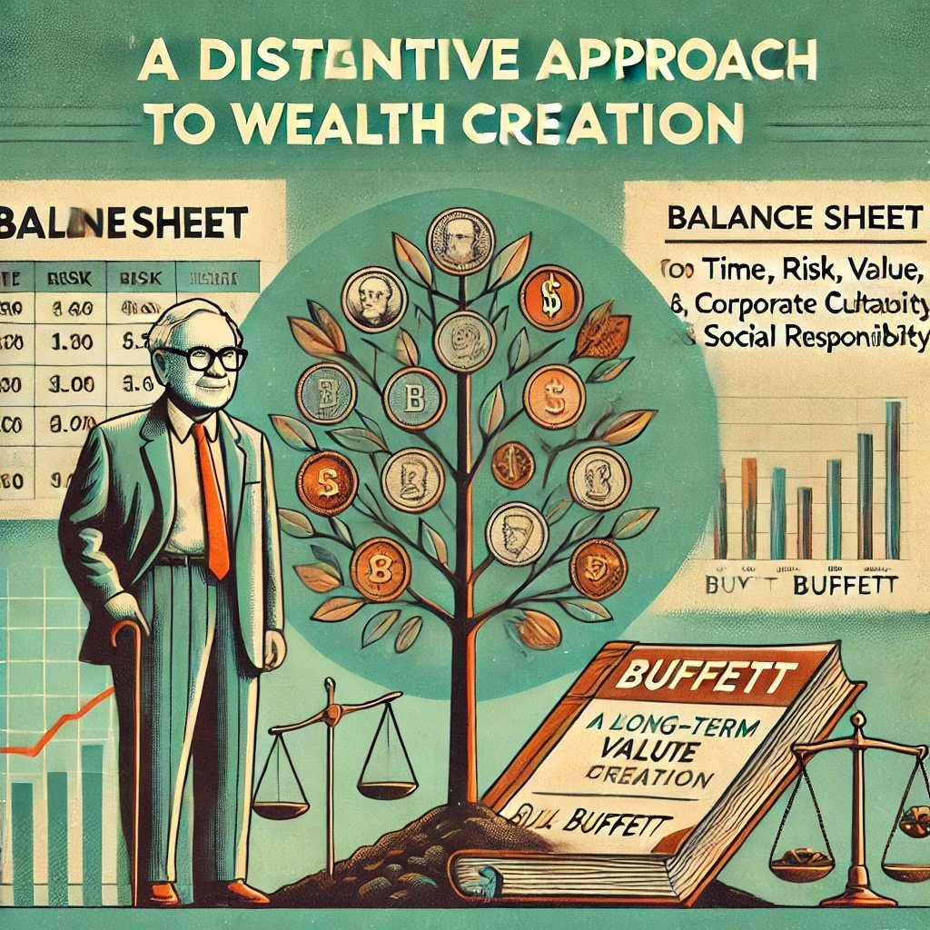 A Distinctive Approach to Wealth Creation featuring a figure resembling Buffett standing next to a tree with coin-laden branches, symbolizing long-term value growth