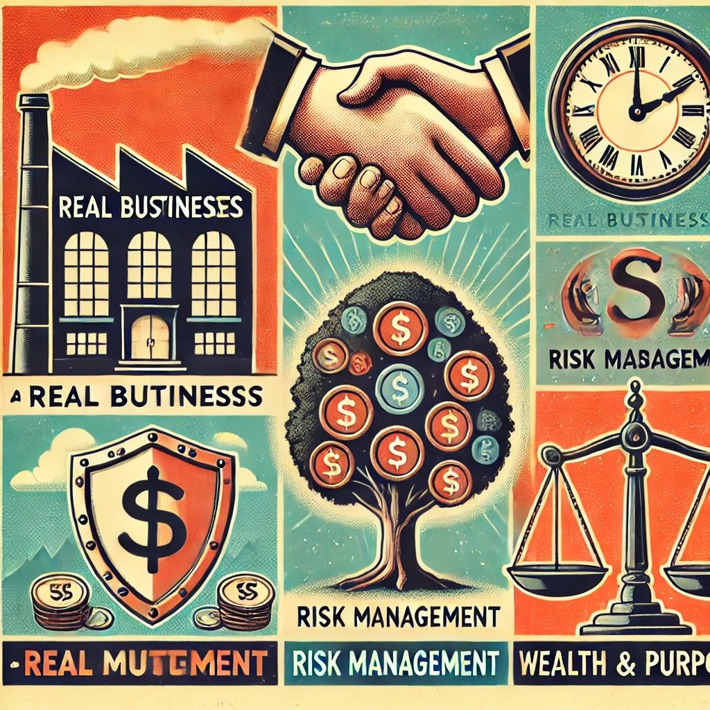 A Framework for the Future featuring a factory labeled Real Businesses to emphasize foundational investments, a tree with coins symbolizing compounding