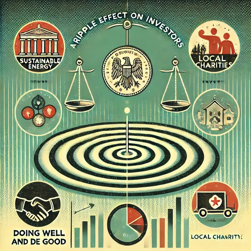 A Ripple Effect on Investors showcases concentric ripples originating from a coin dropped into water symbolizing the far-reaching impact of ethical and philanthropic investing