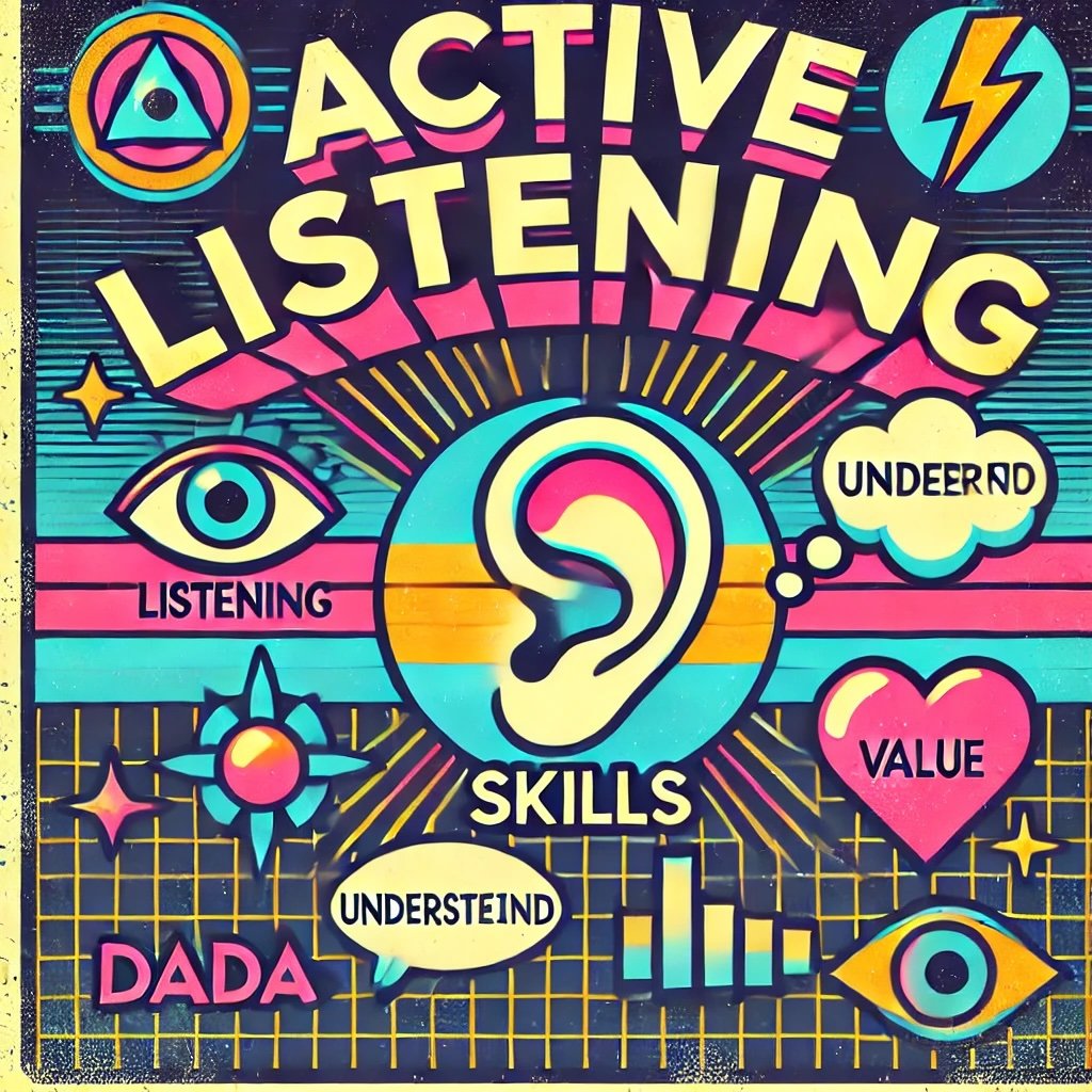 Active Listening Skills with icons like an ear for listening a thought bubble for understanding full attention and valuing others' perspectives in effective communication