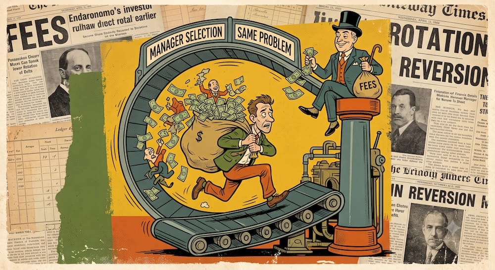 Active manager selection metaphor: A stressed retail investor runs on a mechanical wheel track labeled ‘MANAGER SELECTION’ while carrying a money sack. A fund manager sits comfortably on a high pedestal above, skimming off a bag labeled ‘FEES’. The loop powers an endless machine, illustrating how delegating stock picking merely moves the problem upstairs.