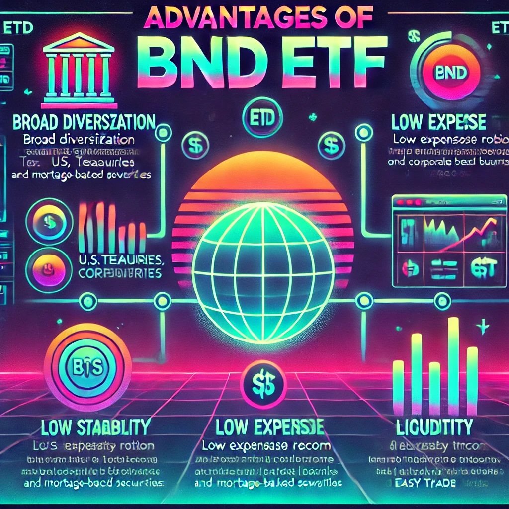Advantages of BND ETF neon fades and retro color schemes to emphasize key benefits such as Broad Diversification, Low Expense Ratio, Stability, and Liquidity