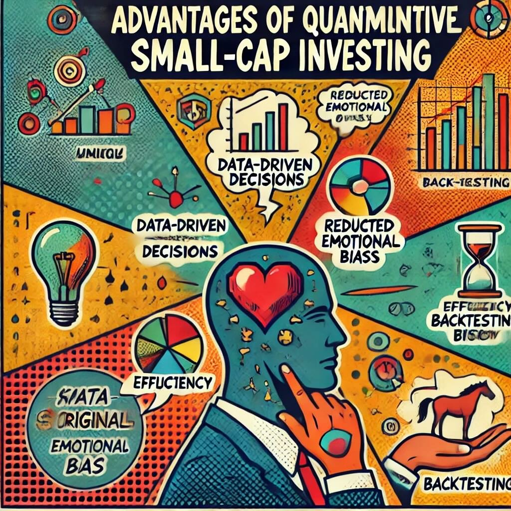 advantages of quantitative small-cap investing, highlighting data-driven decisions, reduced emotional bias, efficiency, backtesting, and scalability 