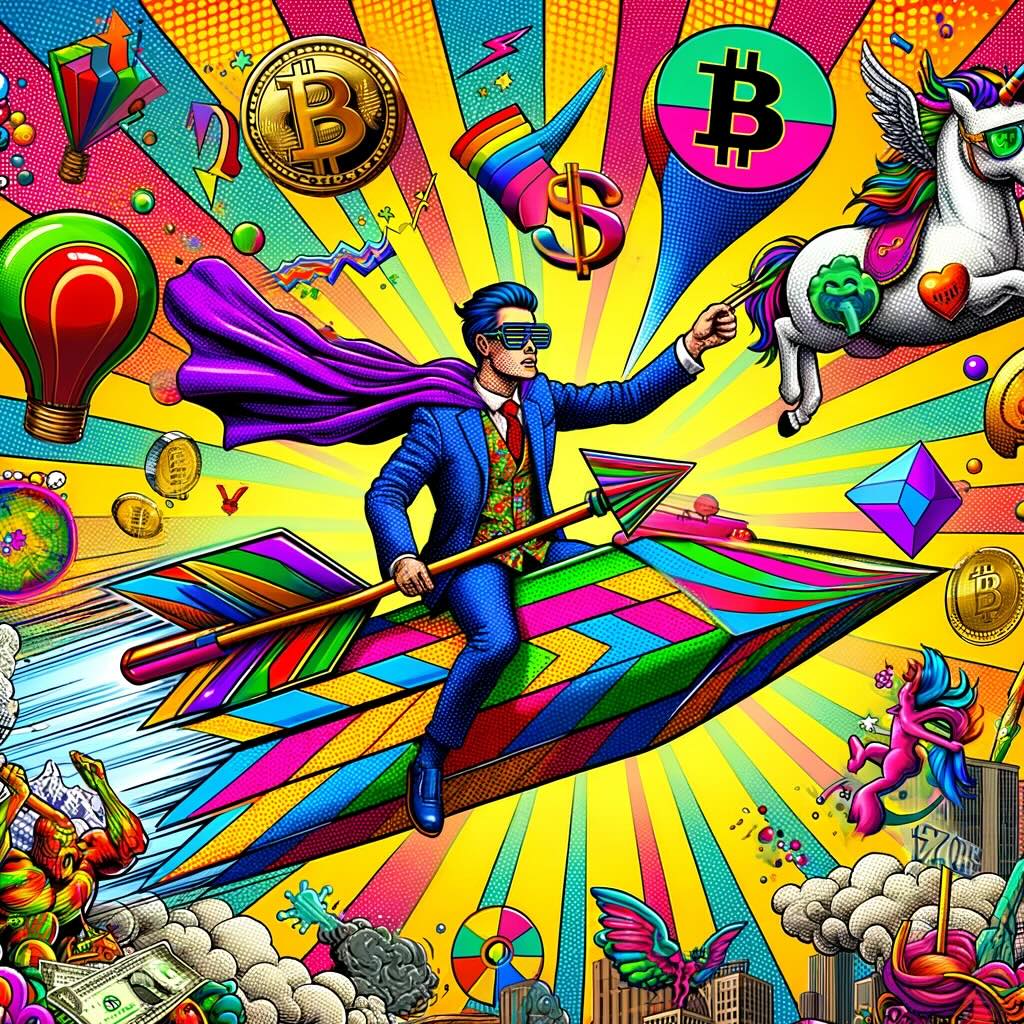 Alt Arrow Portfolio" image, capturing the essence of embracing innovative and alternative investment strategies with a sense of humor. This scene features an investor navigating through the sky on a zigzagging arrow, amidst unconventional investment symbols, showcasing the bold and creative journey of exploring non-traditional investment avenues.
