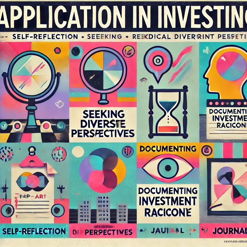 Application in Investing captures concepts like self-reflection, seeking diverse perspectives, and documenting investment rationale