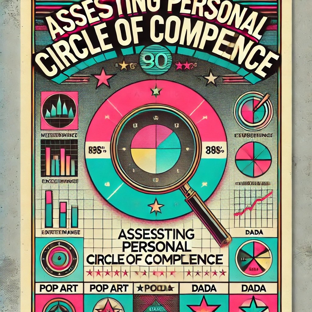 Assessing Personal Circle of Competence features bold, retro text in pastel hues with a magnifying glass icon over a circle recognizing and leveraging investment strengths